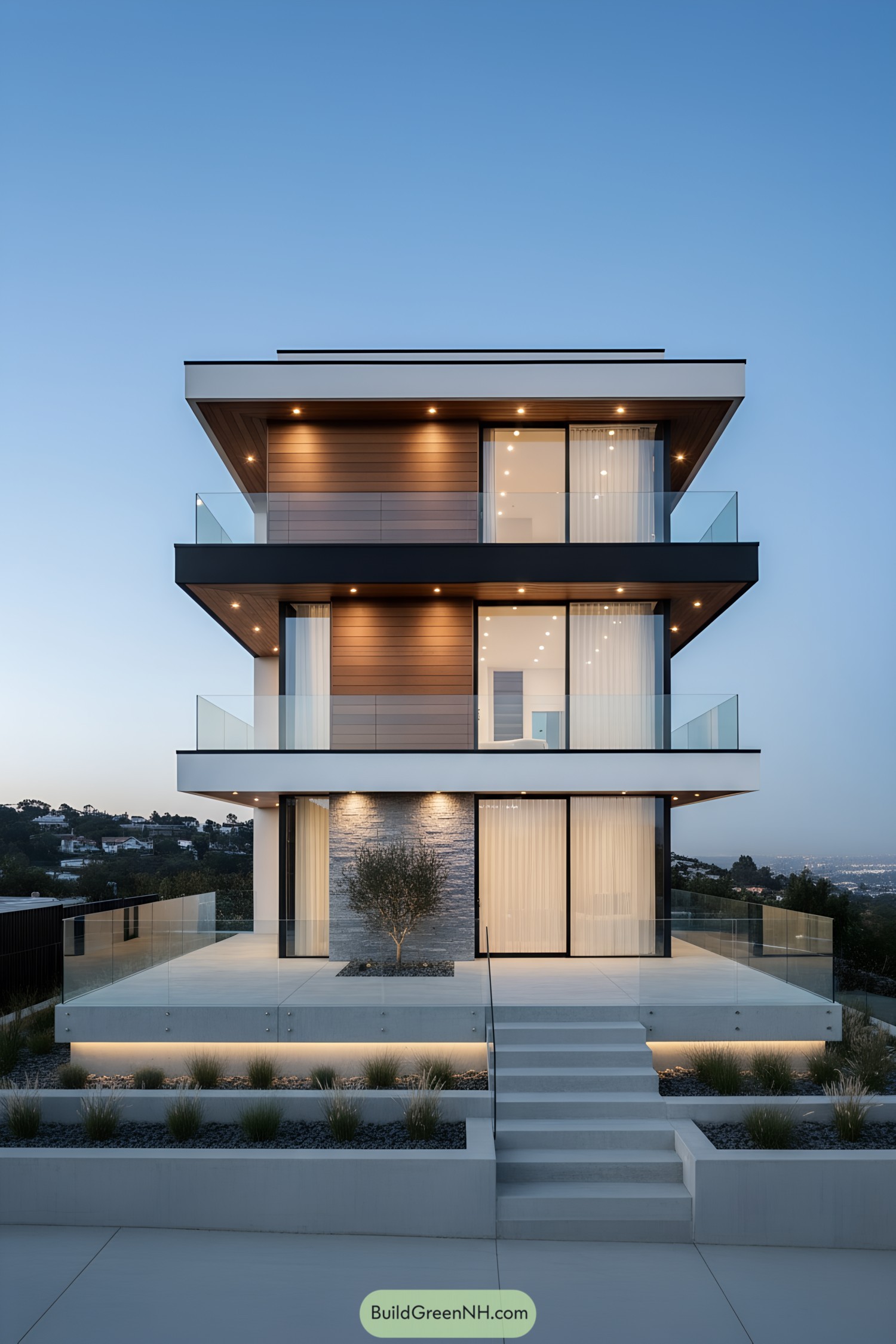 Minimalist three-story home with glass terraces