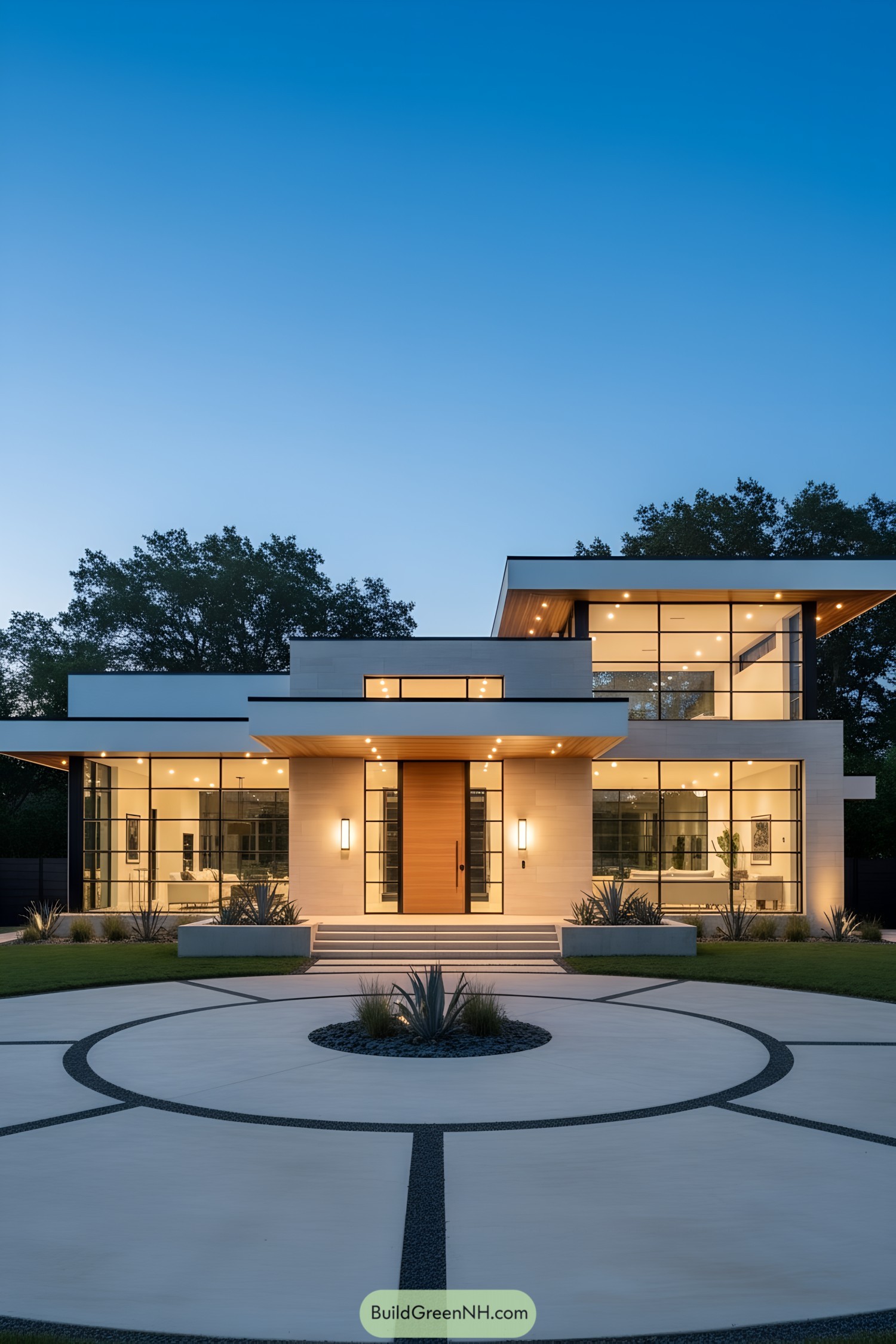 Two-story modern house with circular courtyard approach at dusk, expansive glass walls, and warm wood entry