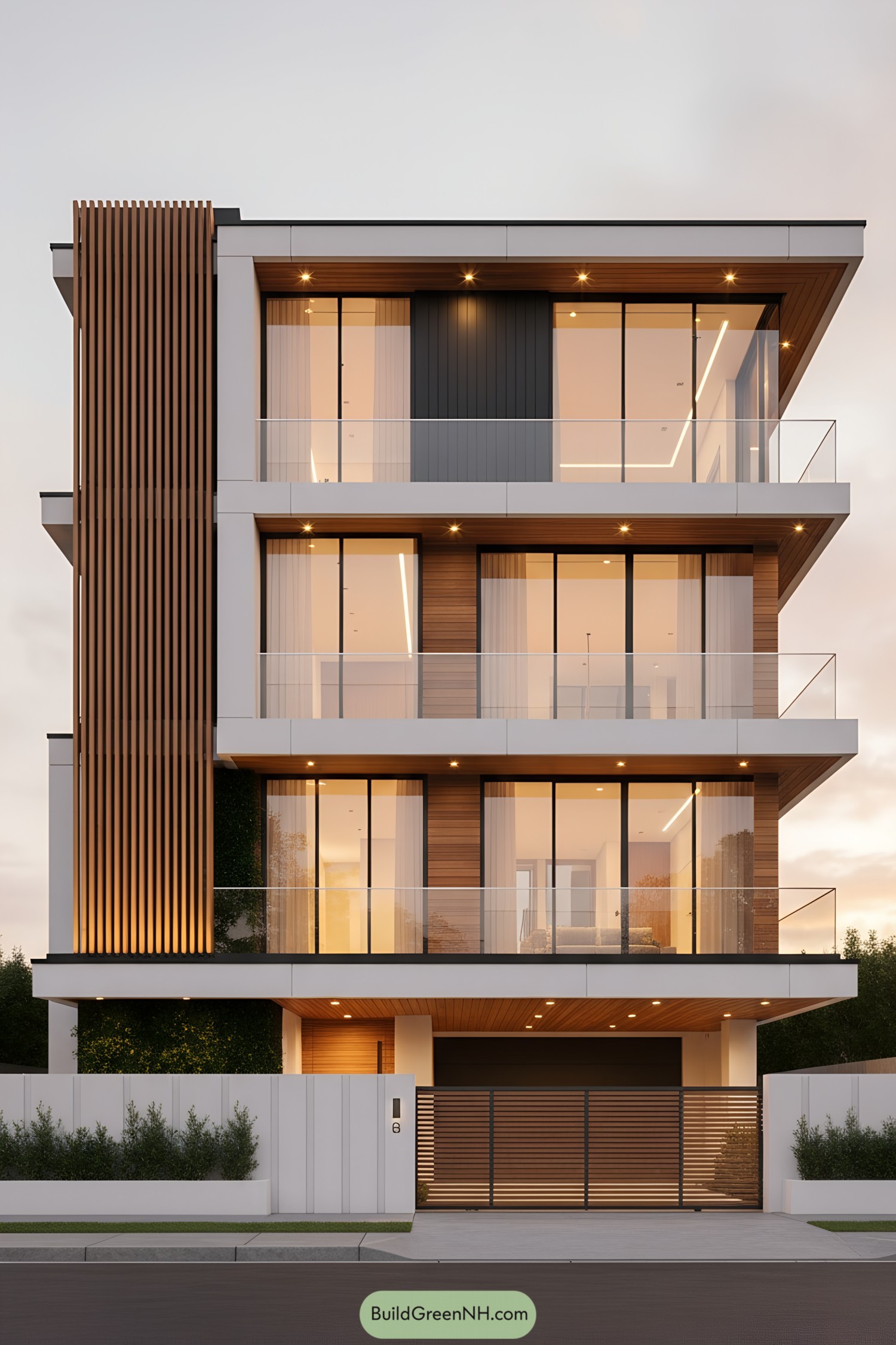 Three-story modern house with warm wood slats and glass balconies