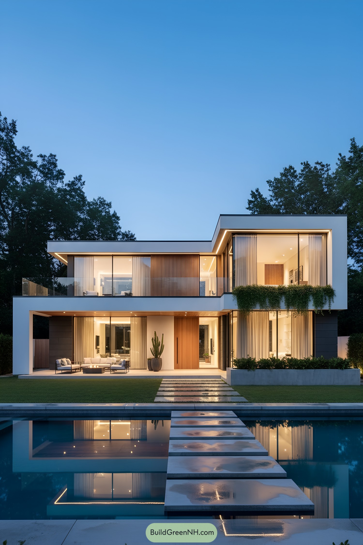 Two-story modern house with pool and stepping-stone path at dusk