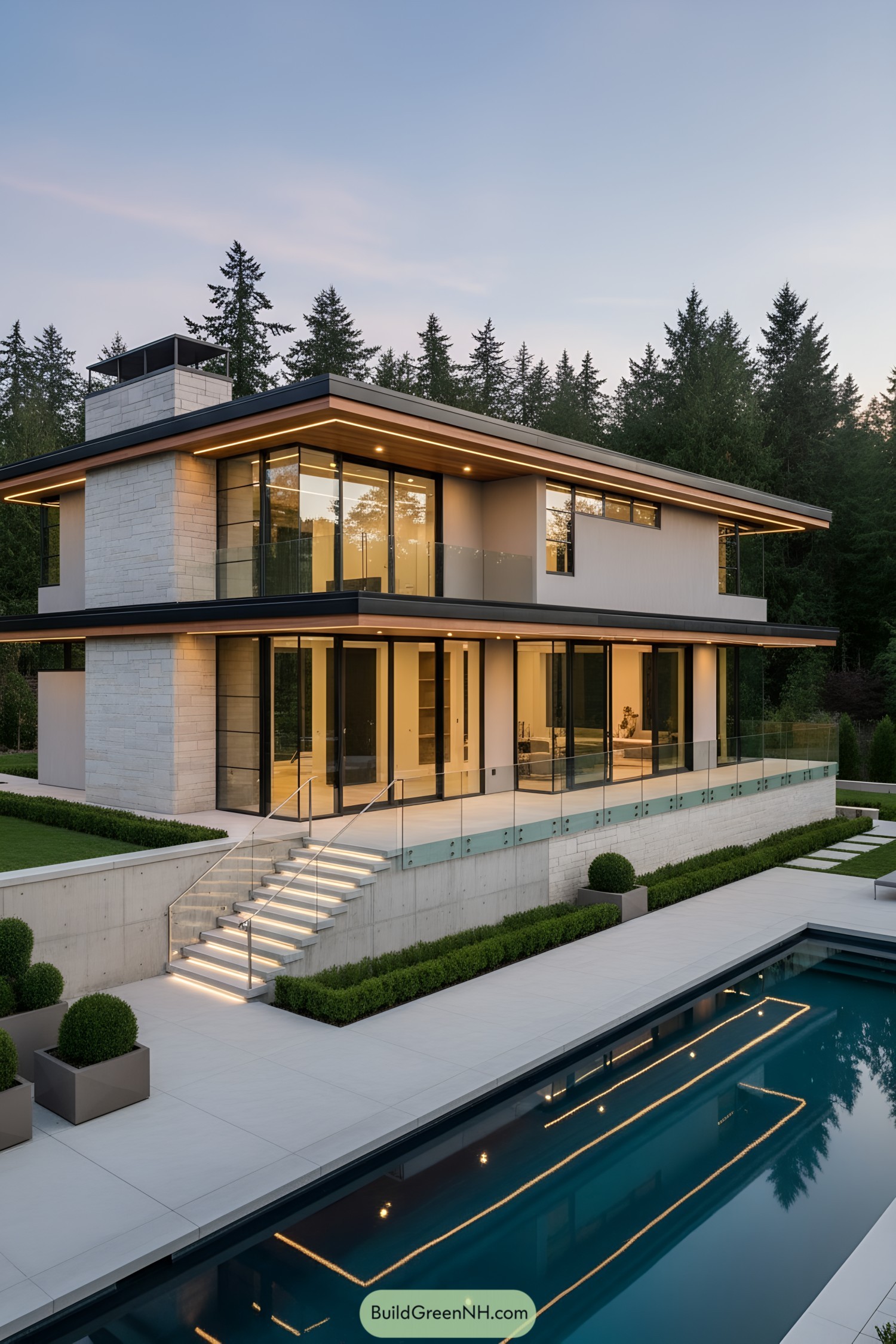 Two-story modern house with glass walls and pool