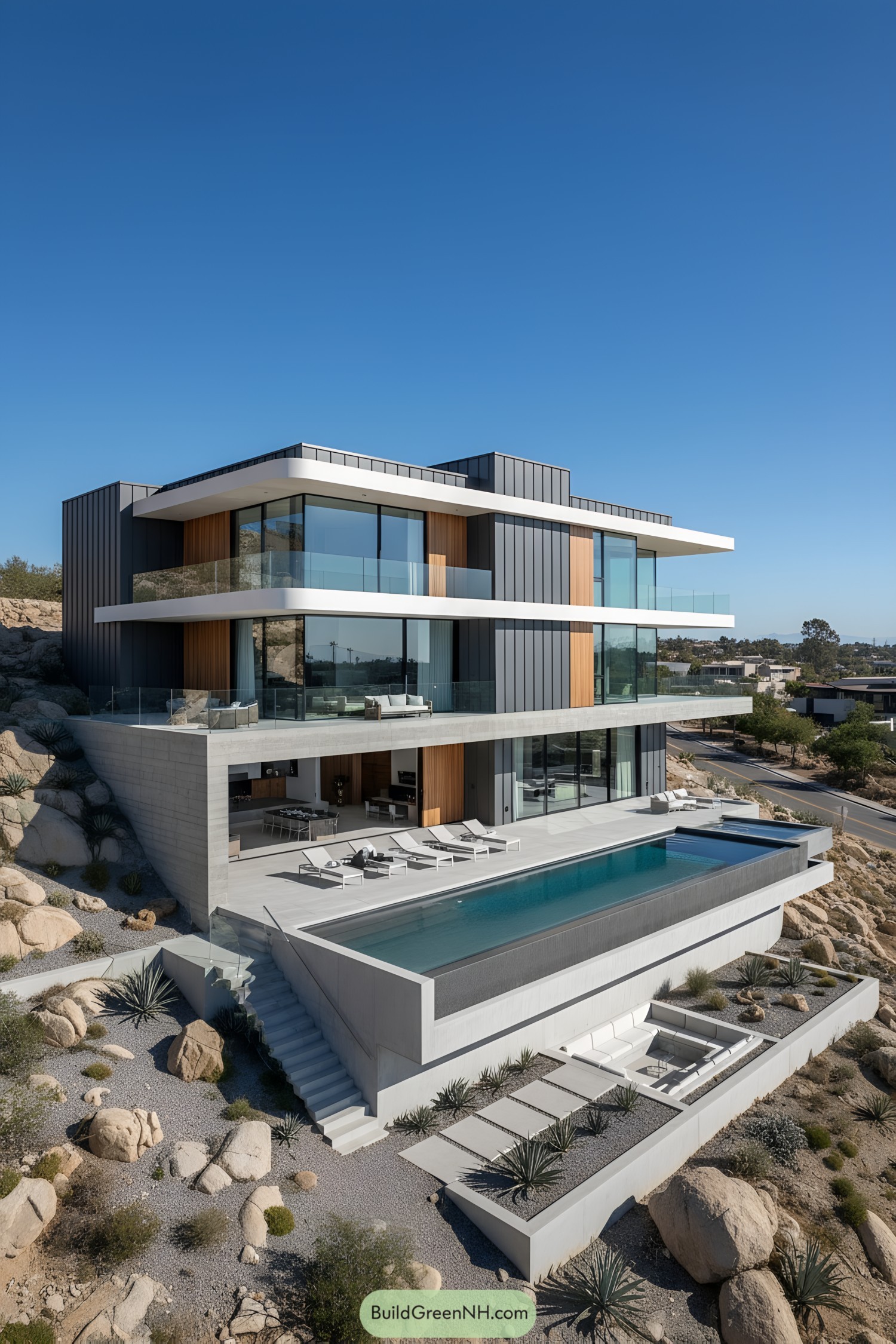 Tiered modern villa with infinity pool on rocky slope