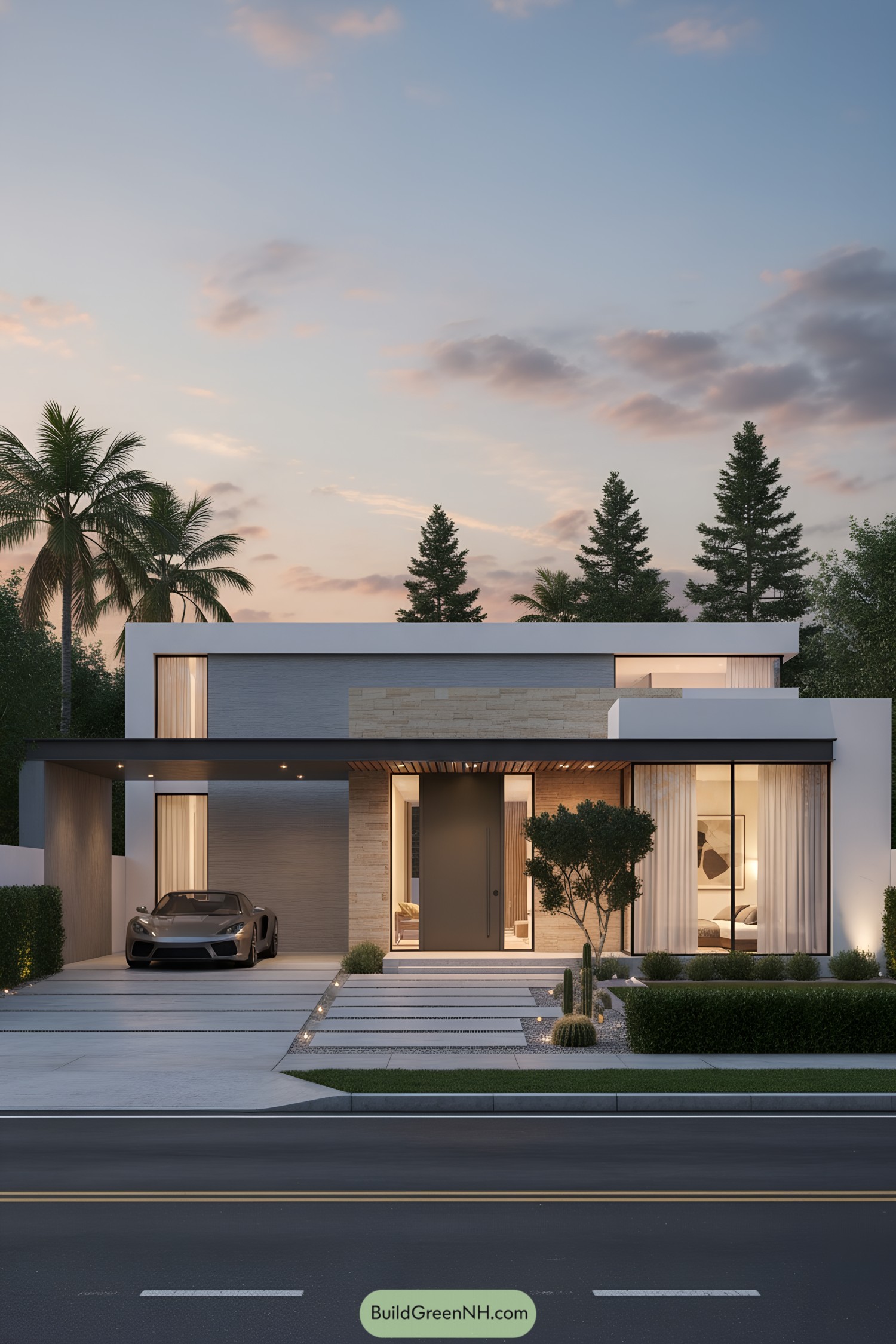Modern flat-roof home with stone, glass, and carport
