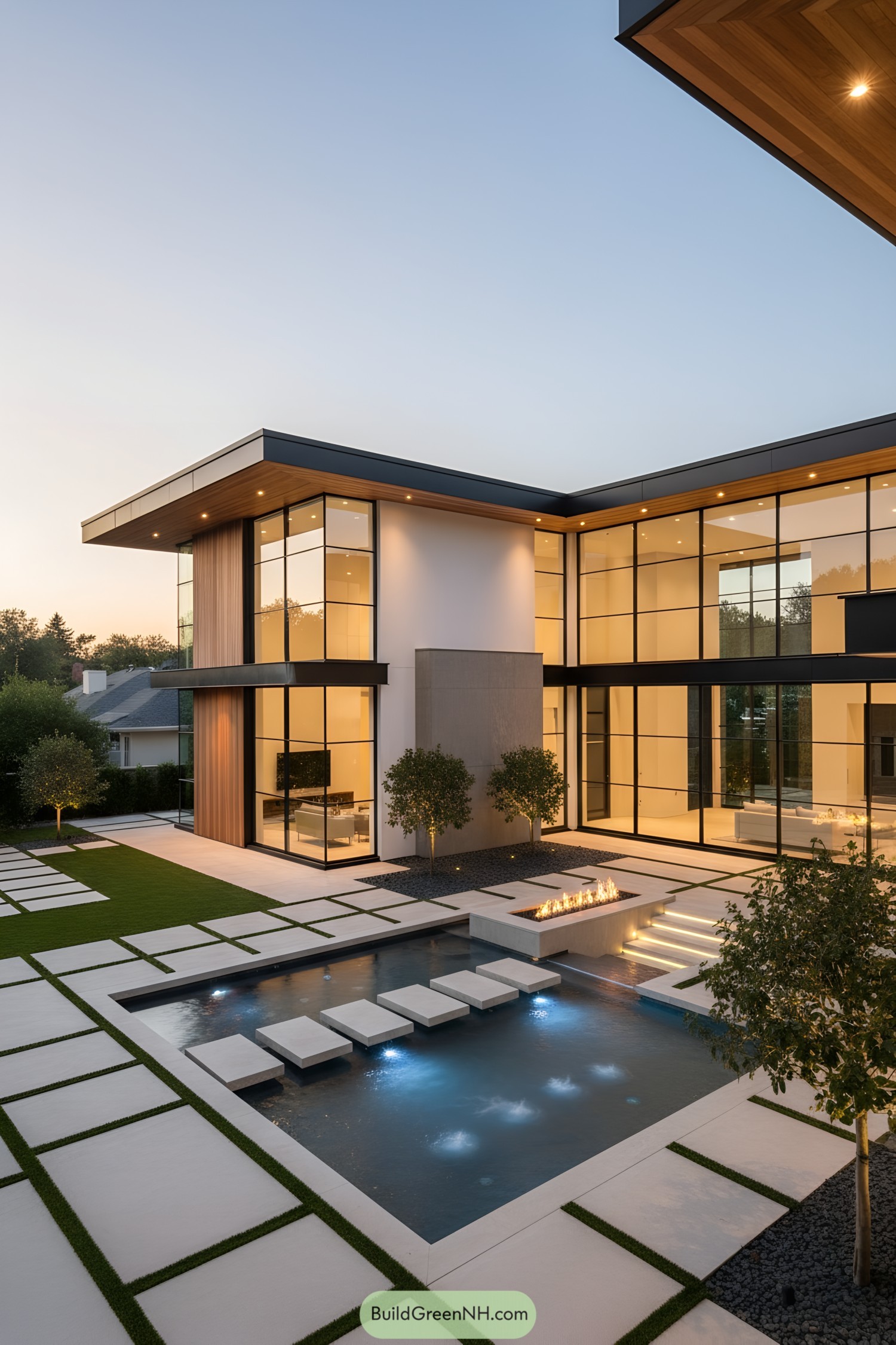 Glass-wrapped modern house with fire and pool