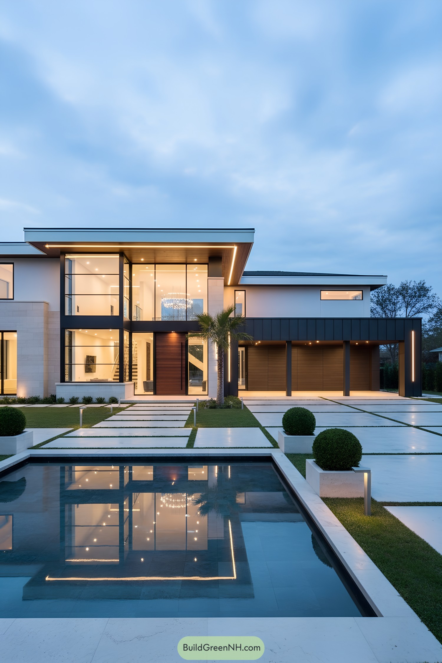 Modern flat-roof glass house with reflecting pool