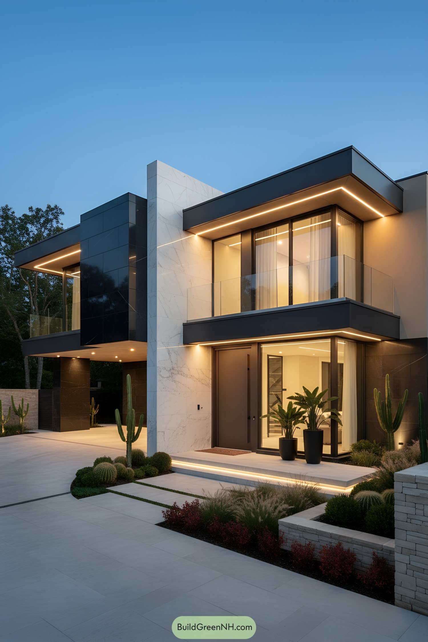 Two-story modern home with black-and-white cladding and warm perimeter lighting