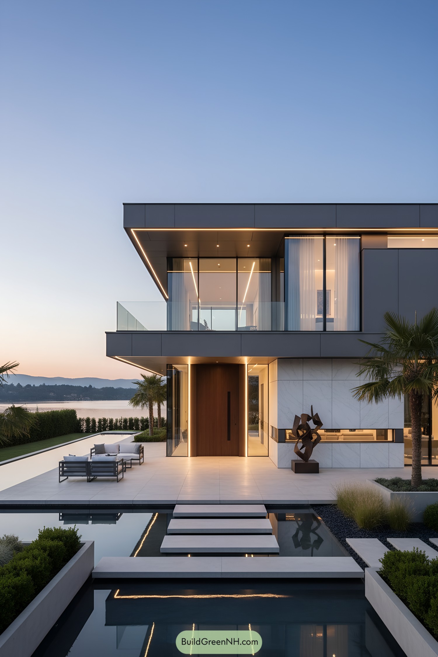 Modern lakeside villa with floating steps and glowing eaves