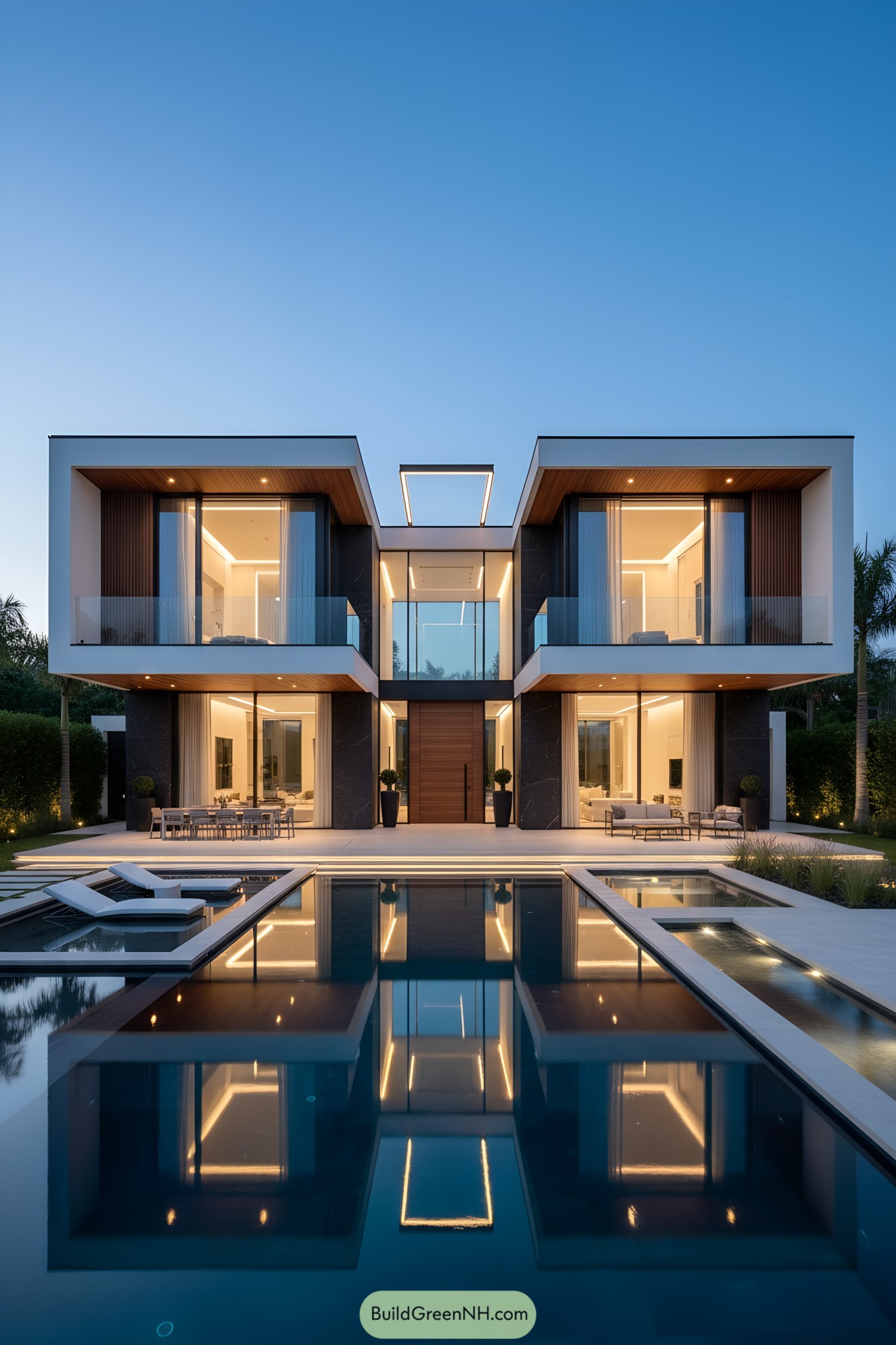 Symmetrical modern villa with floating balconies and reflective pool at dusk
