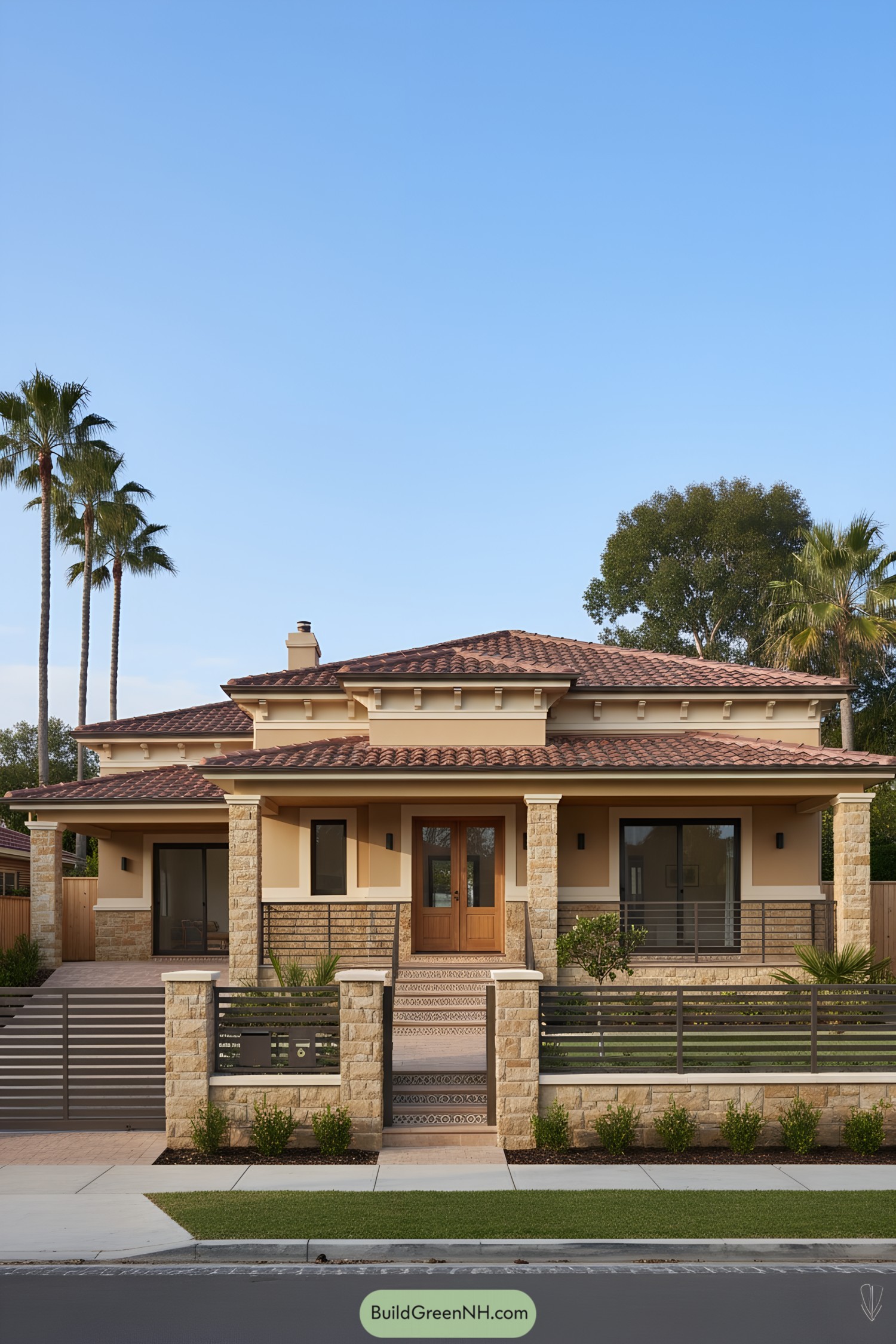 Mediterranean bungalow with tiled roofs and stone accents