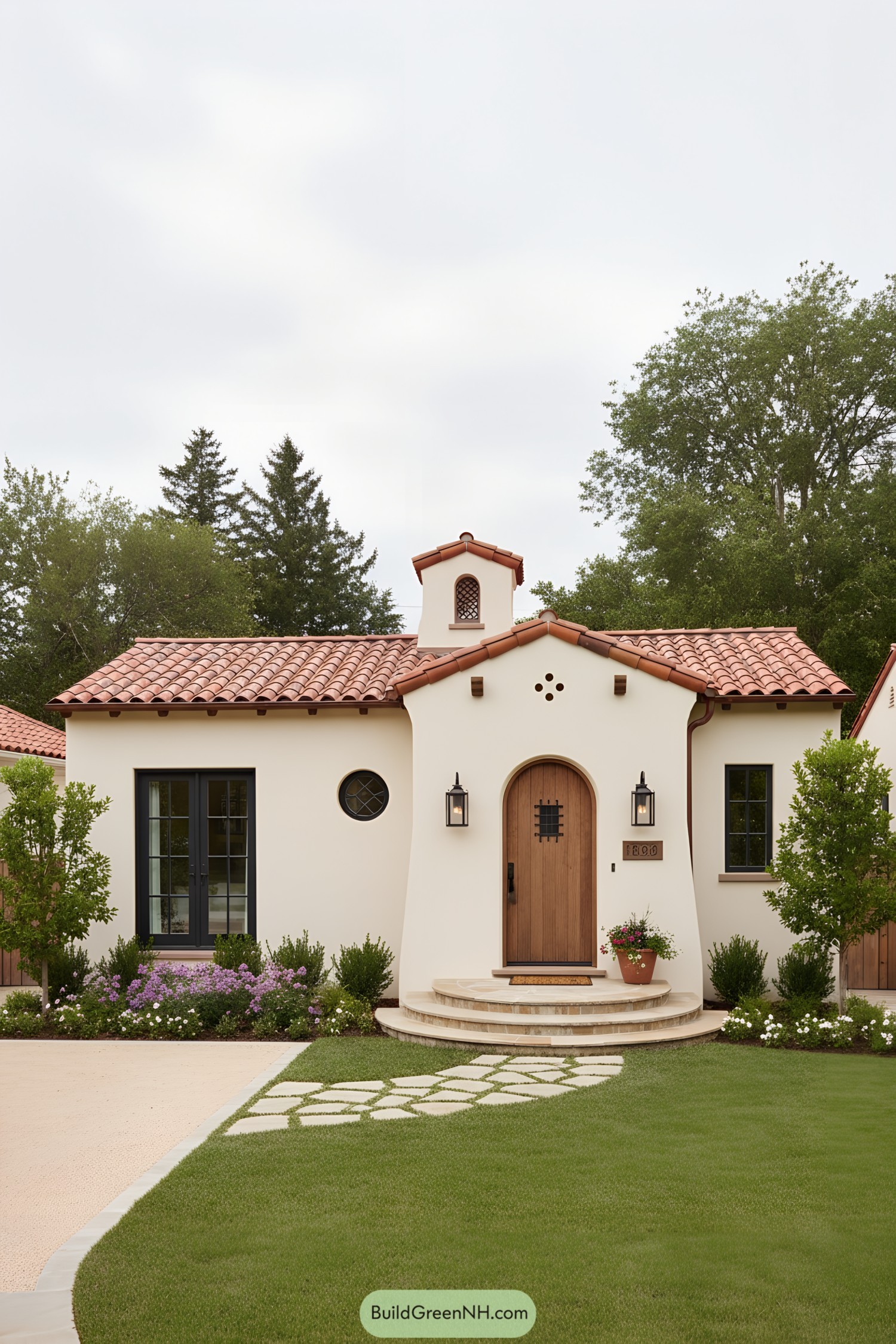 Small stucco bungalow with terra-cotta roof and arched wood door
