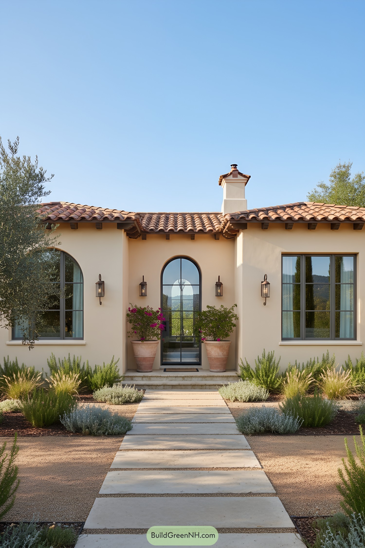 Cream stucco bungalow with terracotta roof, arched steel door, and drought-tolerant garden path