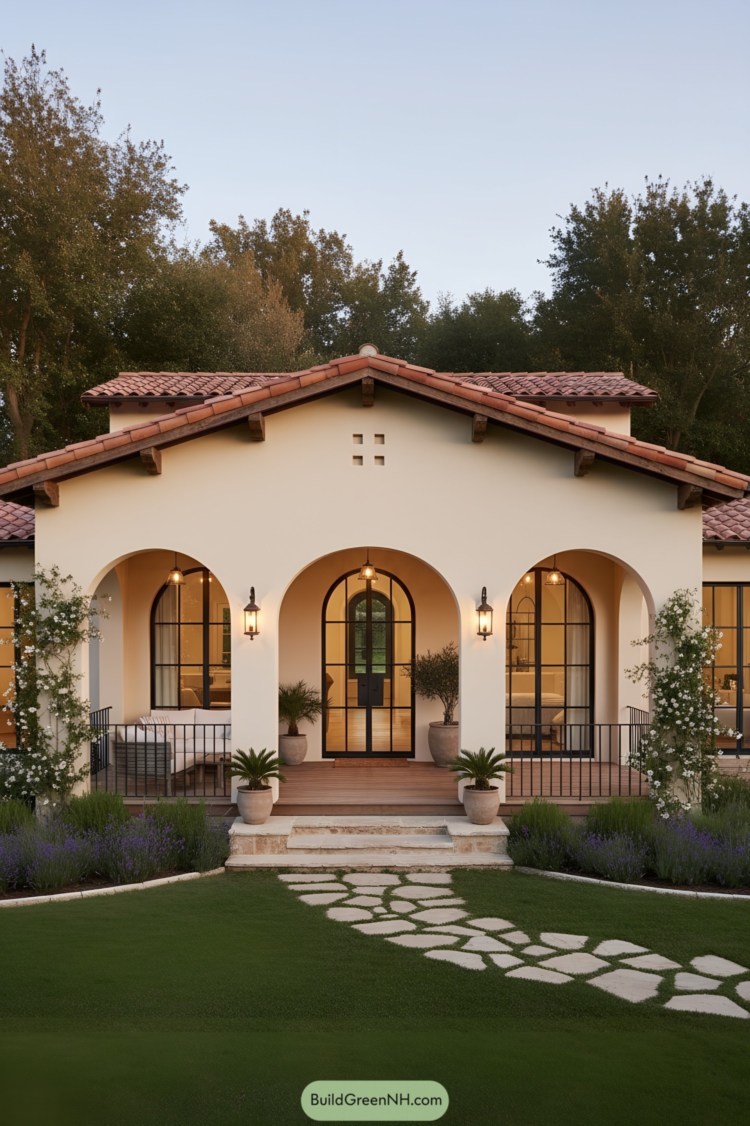 Mediterranean bungalow with arched porch and terra-cotta roof
