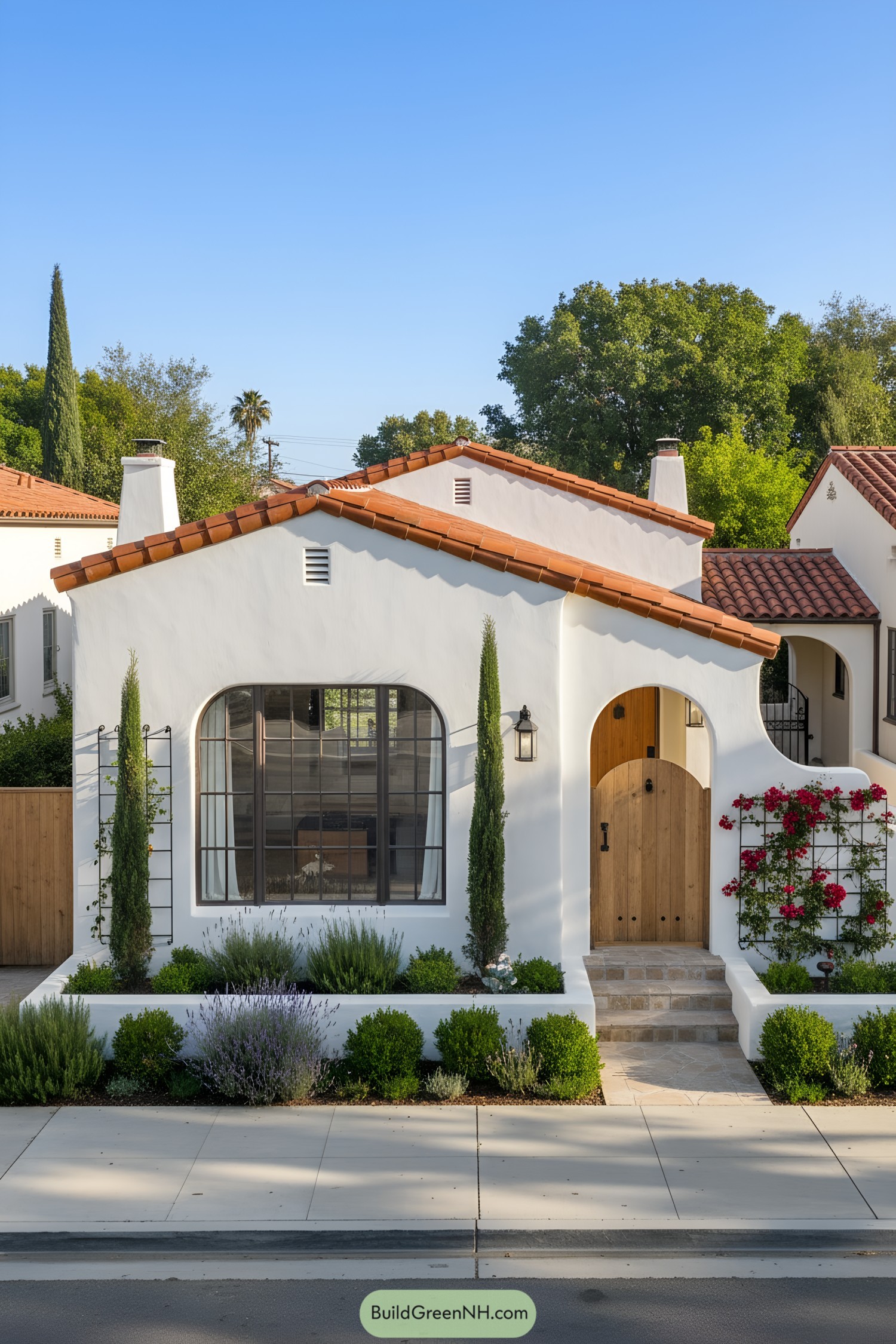 White stucco bungalow with terracotta roof, arched window, and wood door framed by cypress and roses