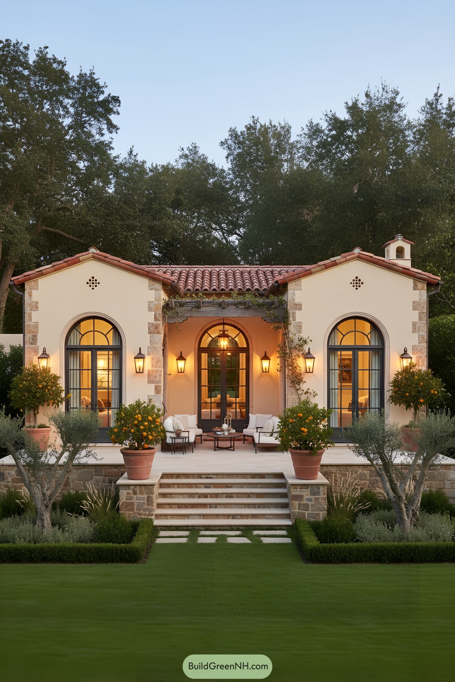 Mediterranean bungalow with arched windows and loggia