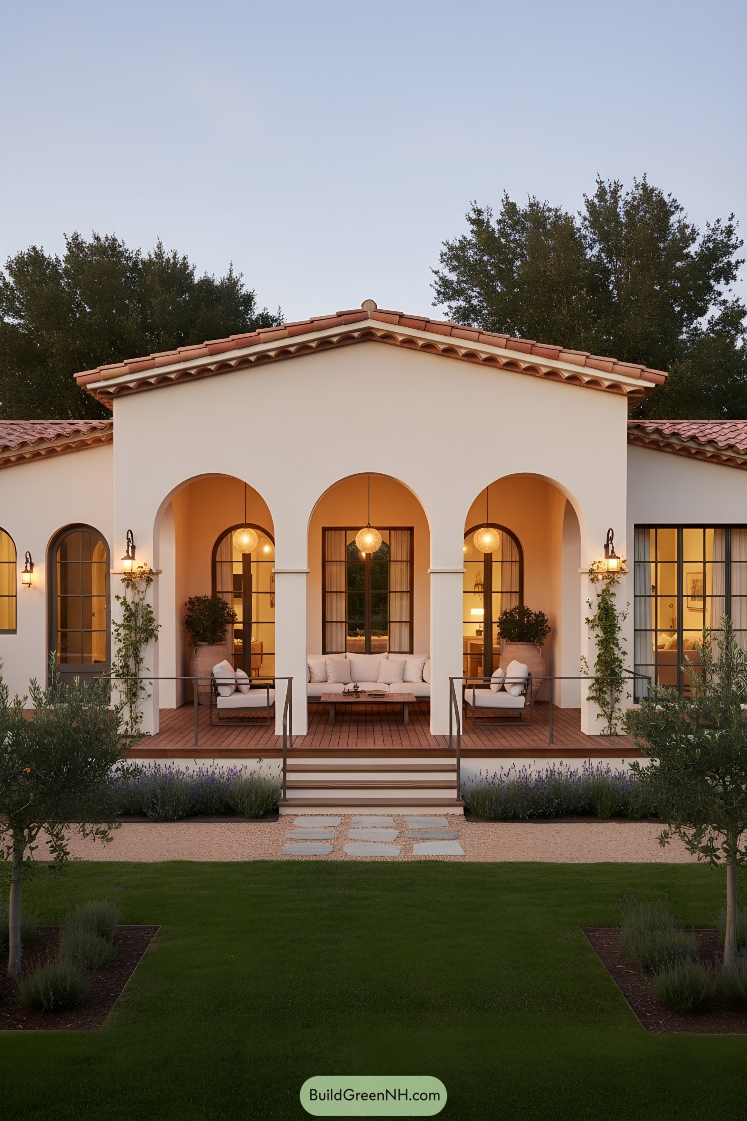 Mediterranean bungalow with arched veranda at dusk