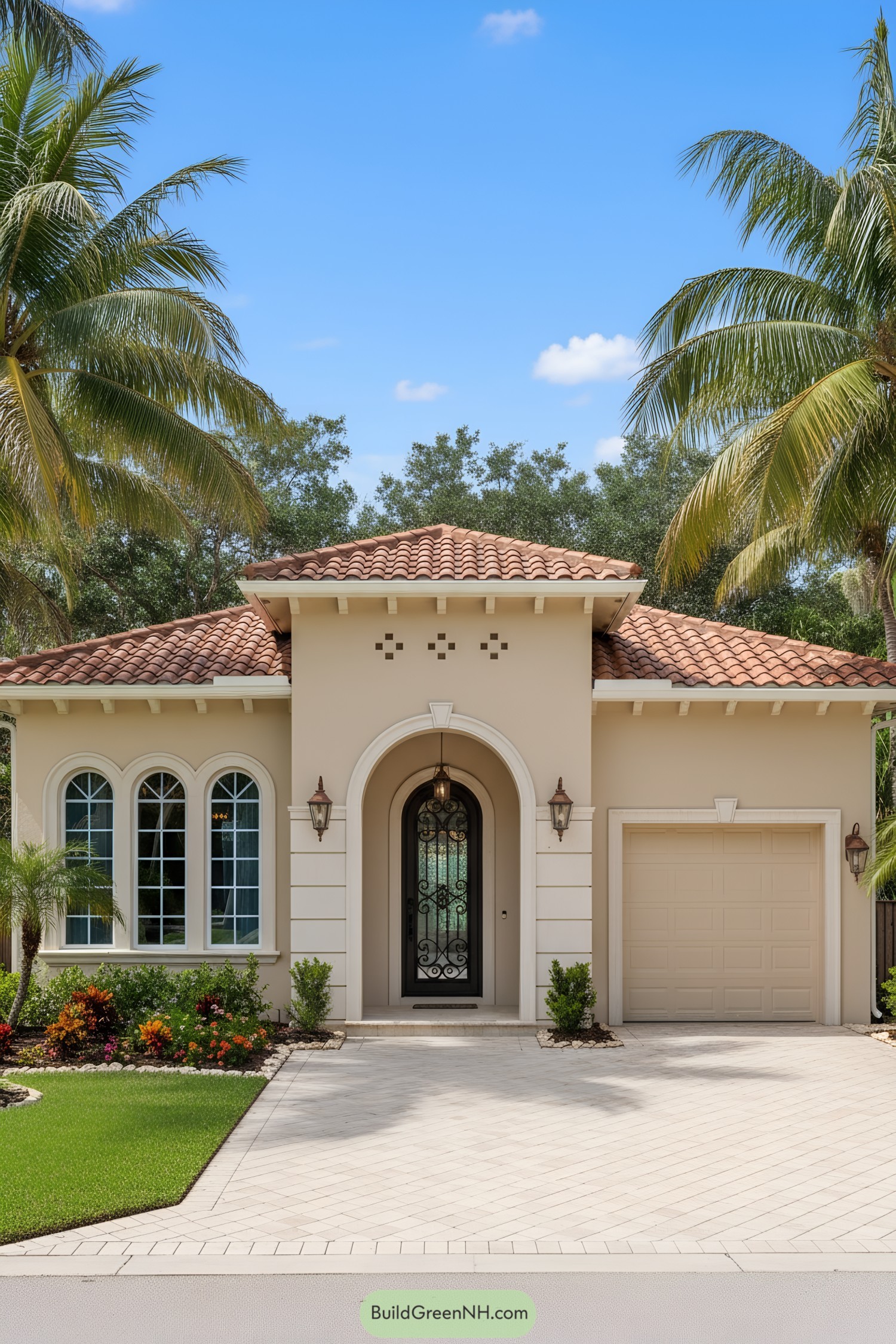 Stucco bungalow with terra-cotta roof and arched entry