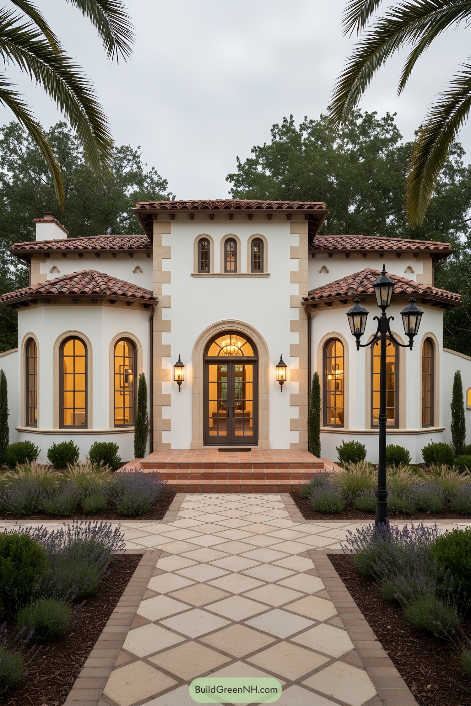 Mediterranean bungalow with arched windows and terracotta roof