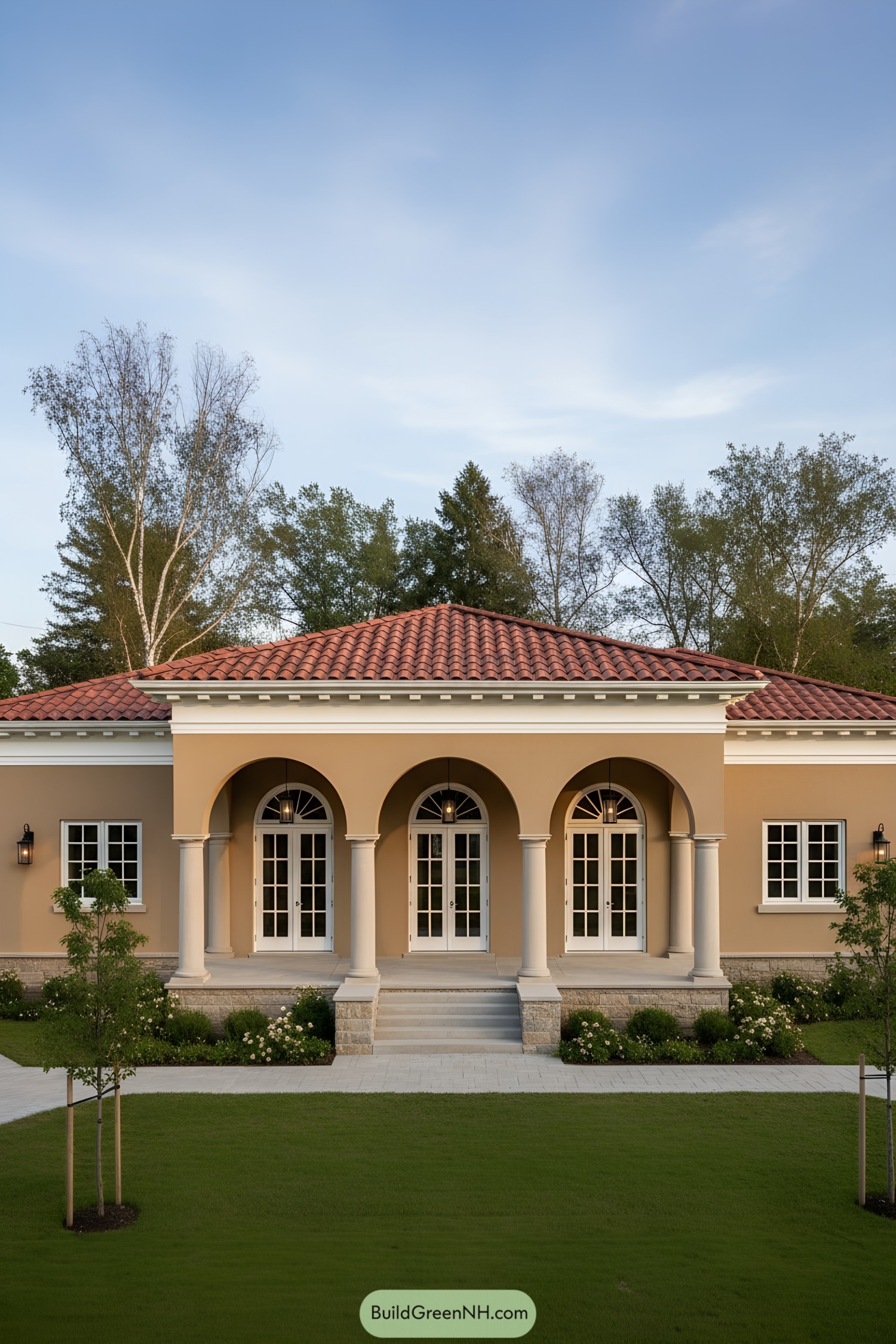 Mediterranean bungalow with arched colonnade and tiles