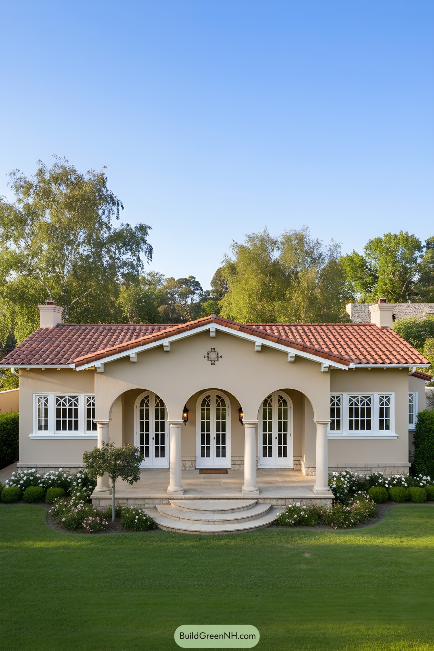 Mediterranean bungalow with arched portico and terracotta roof