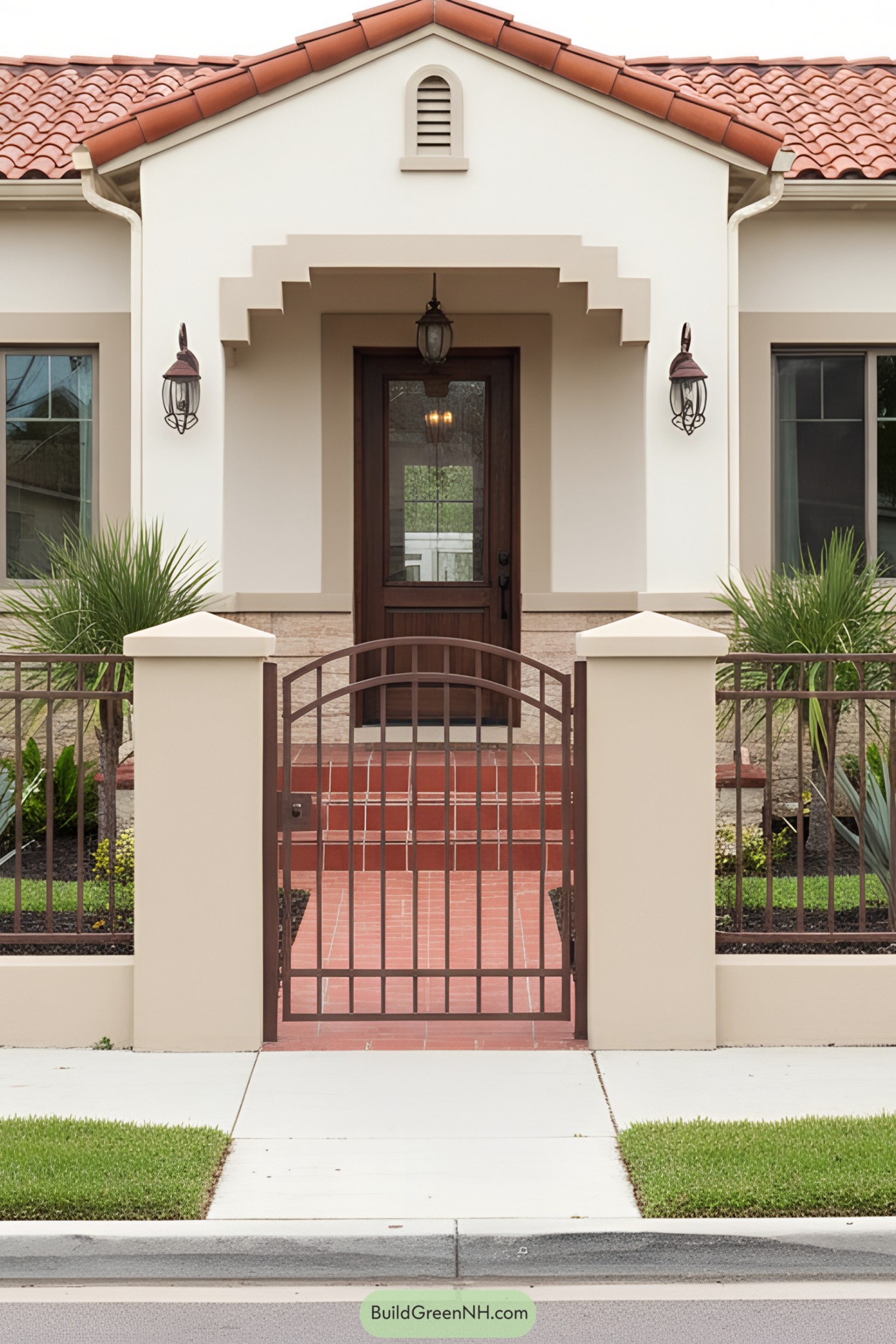 Mediterranean bungalow with terracotta roof, stepped arch, wrought-iron gate, and red-tile porch