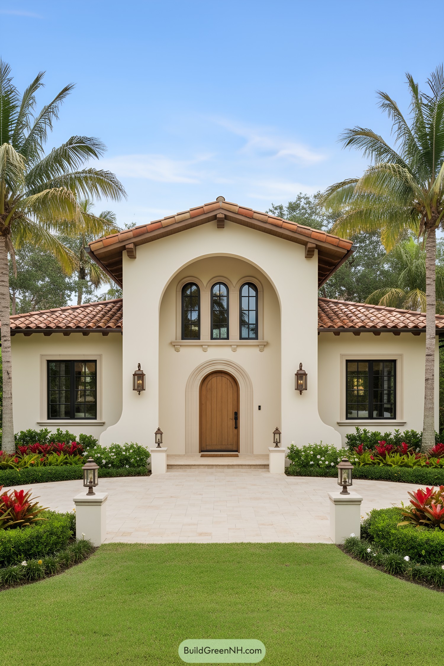 Mediterranean bungalow with arched entry and tile roof