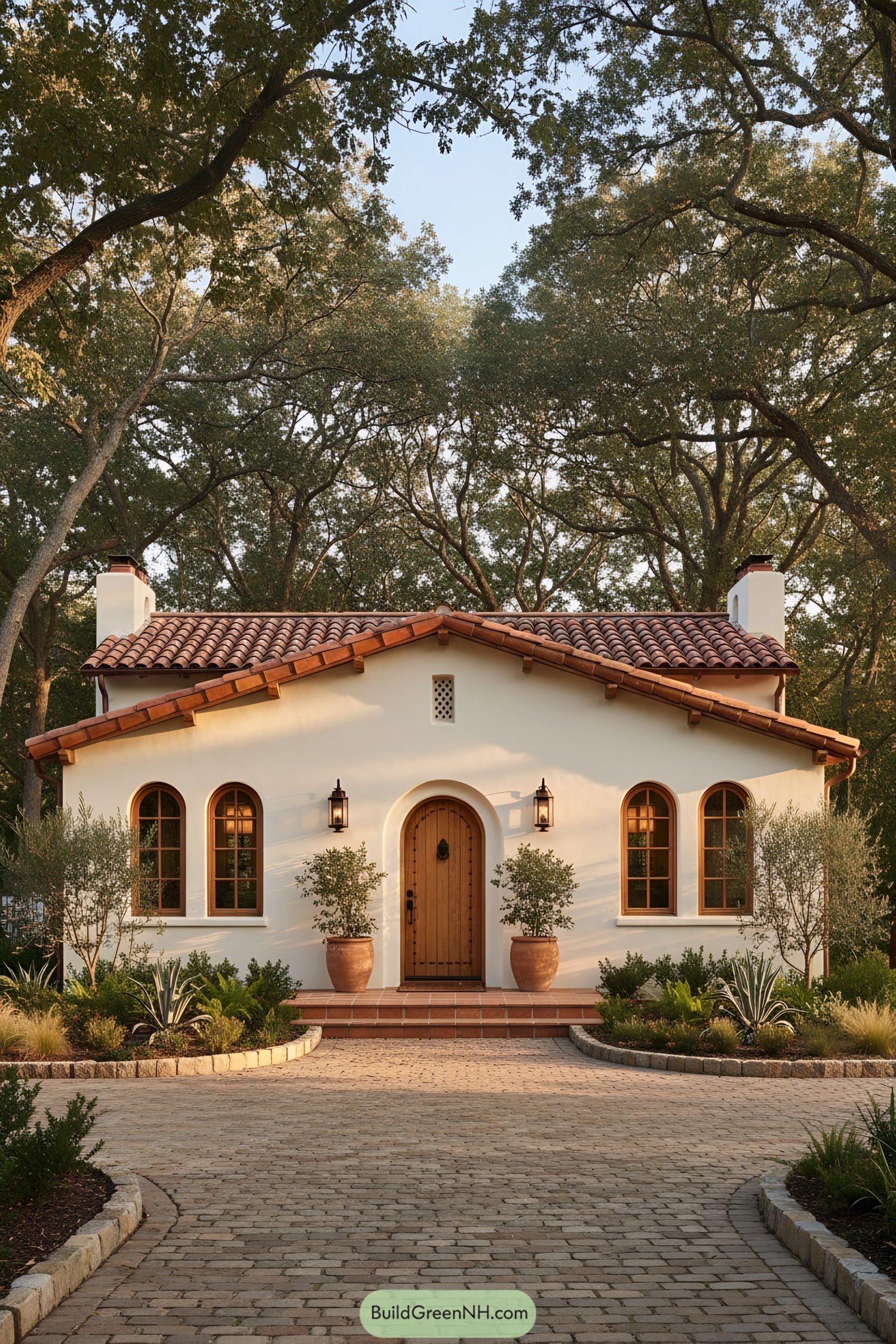 White stucco bungalow with terracotta roof, arched windows, and a wood plank door flanked by lanterns