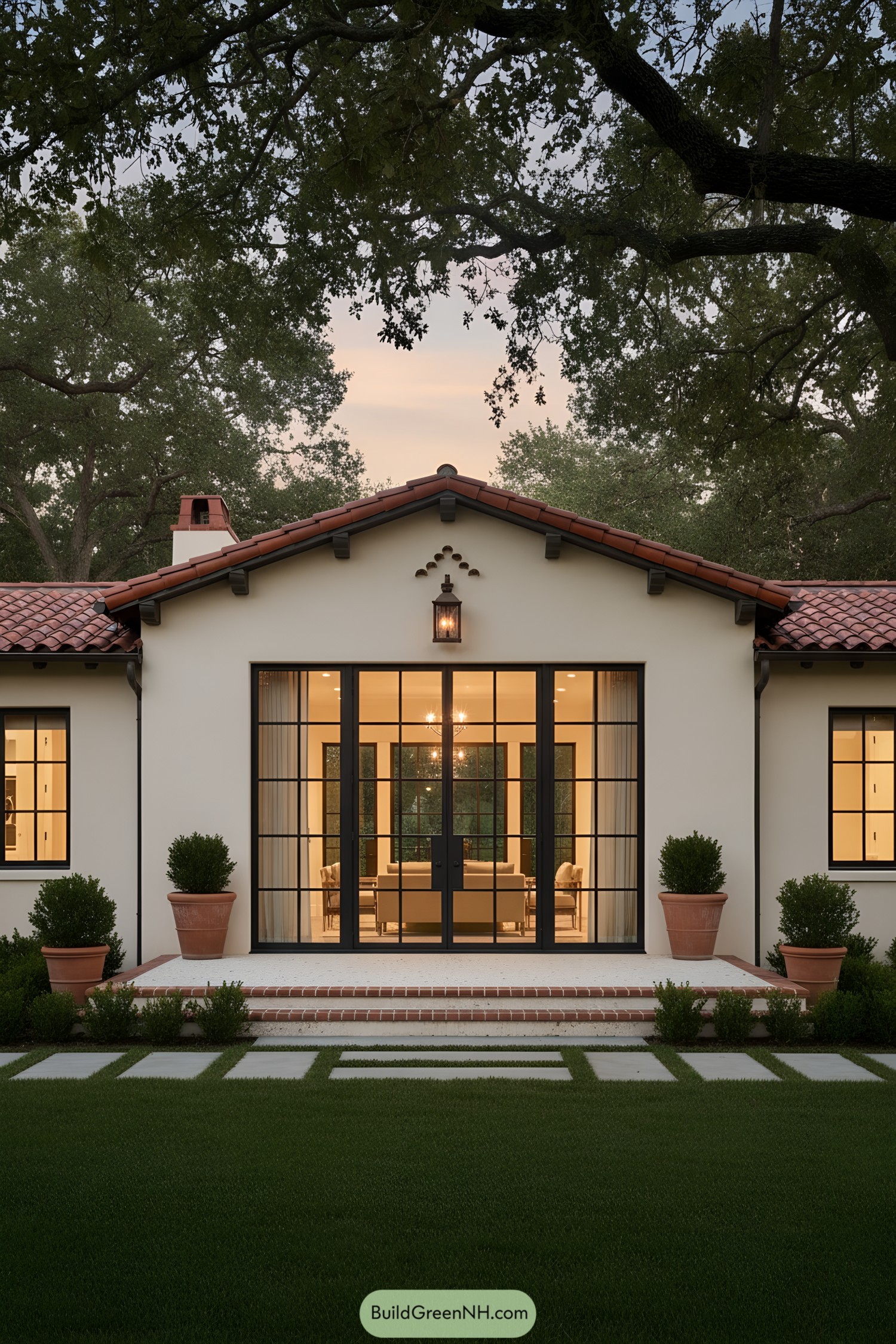 Mediterranean bungalow with steel French doors, terracotta roof, and warm-lit interior