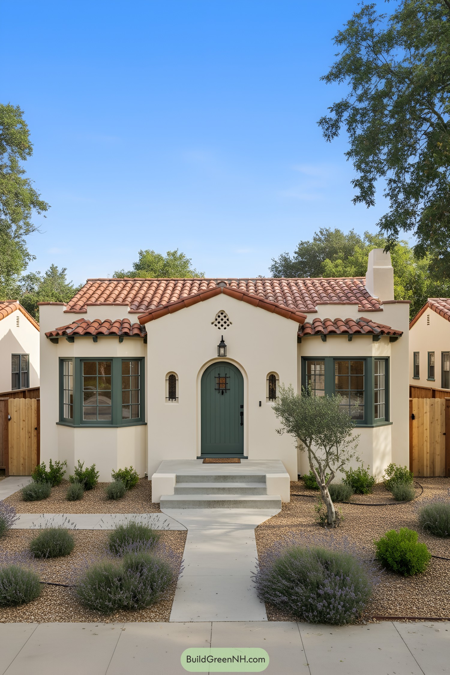 White stucco bungalow with terracotta roof, green arched door, bay windows, and drought-tolerant landscaping
