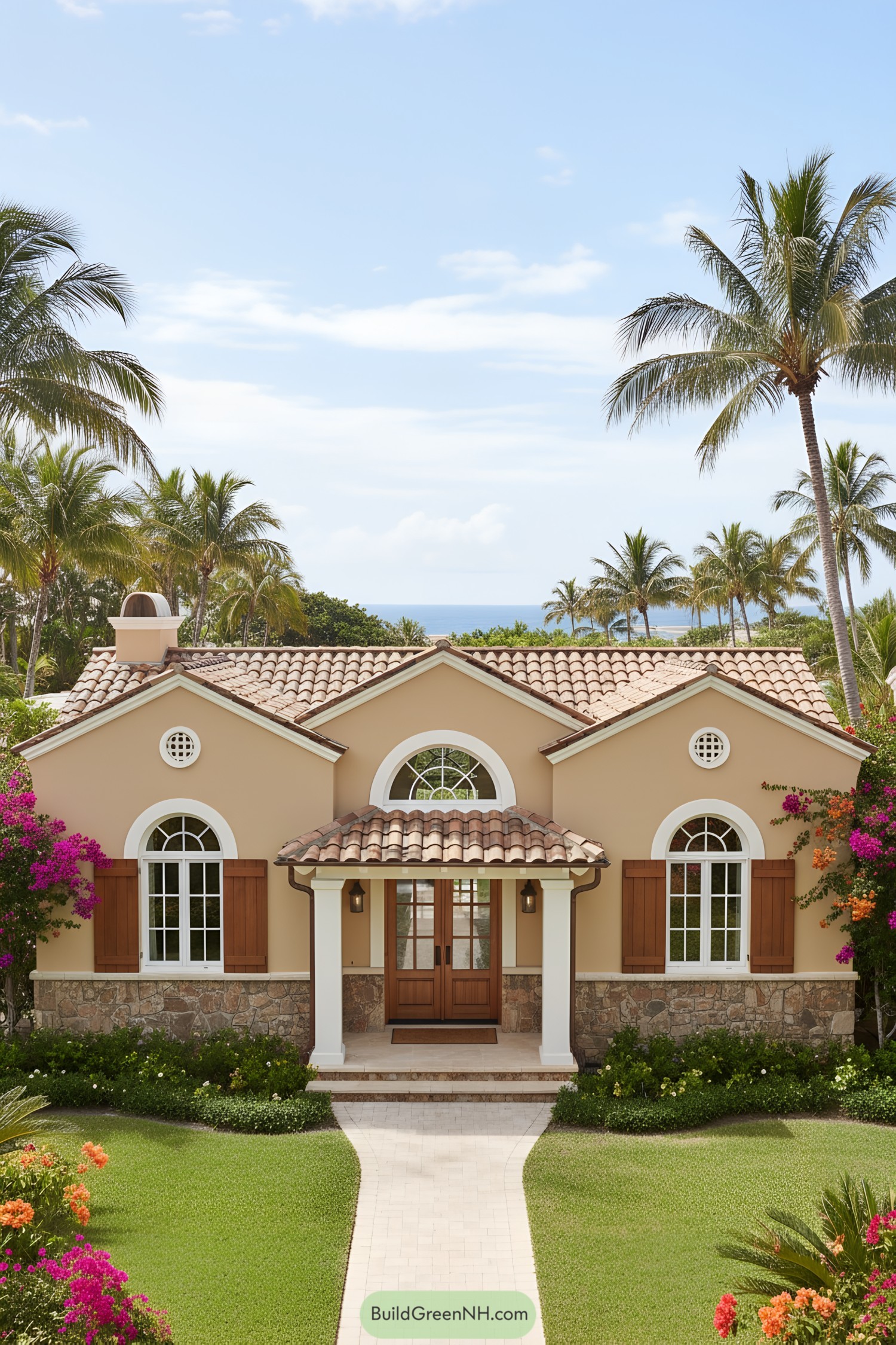 Mediterranean bungalow with clay tile roof, arched windows, and wood shutters framed by palms