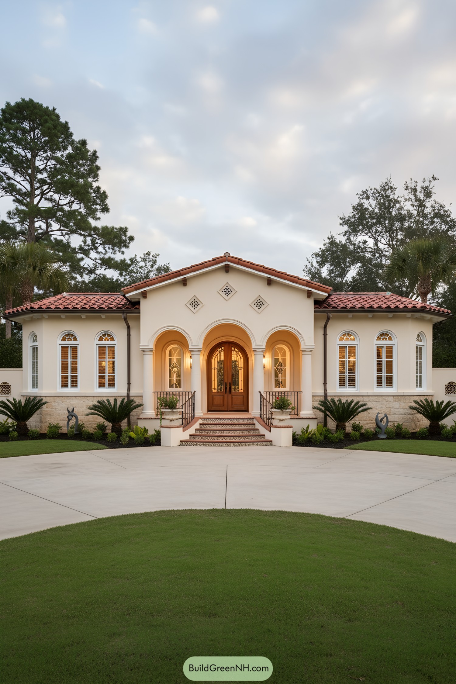 Mediterranean bungalow with arched entry and red-tile roof