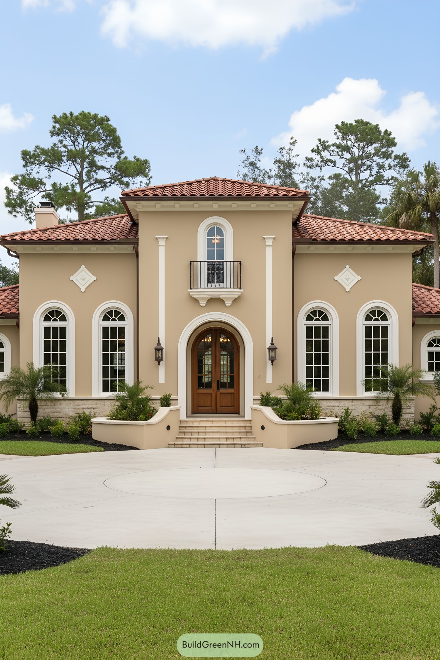 Mediterranean bungalow with arched windows and terracotta roof