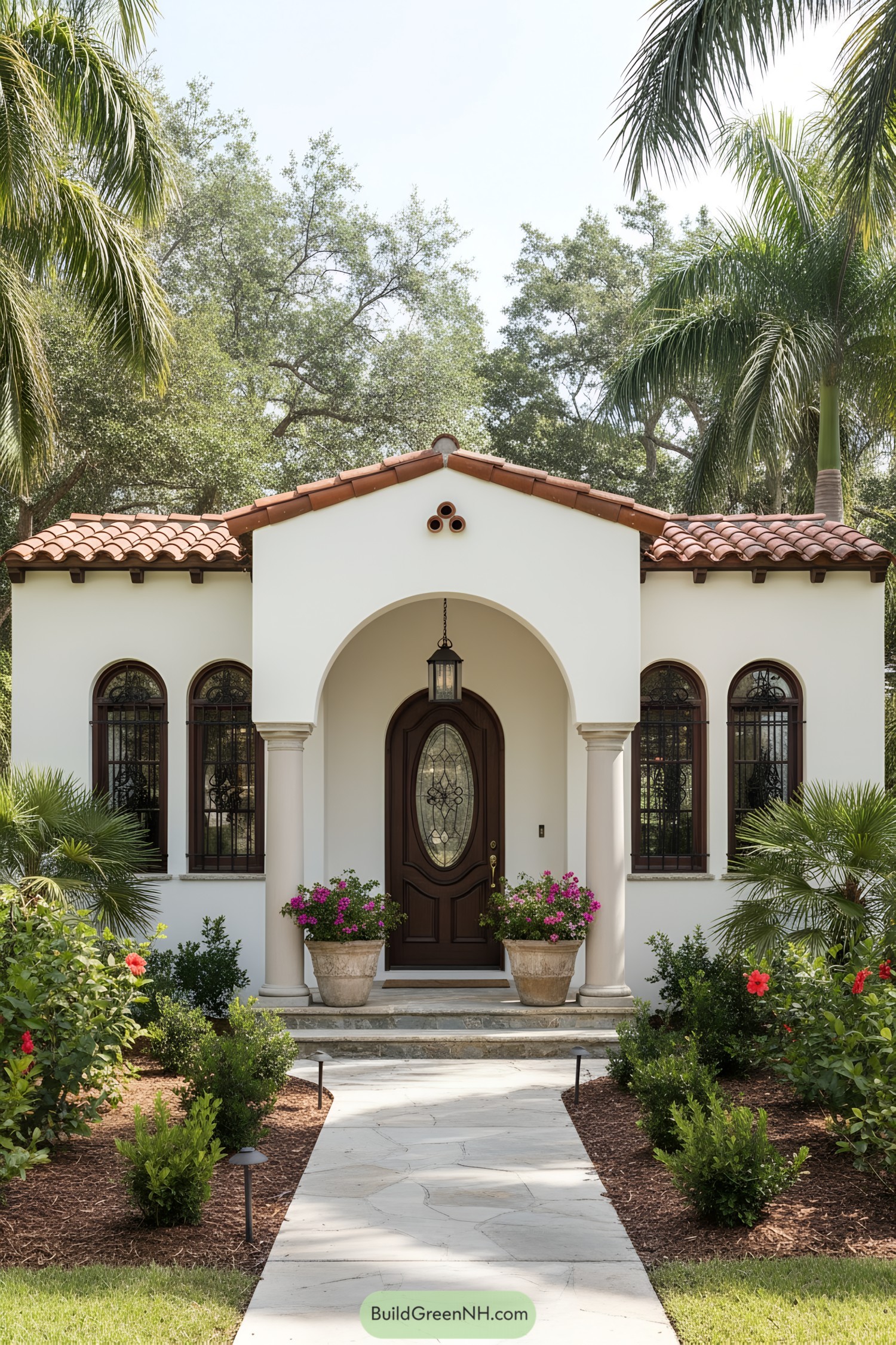 Small Mediterranean bungalow with arched portico, terracotta roof tiles, and lush garden path