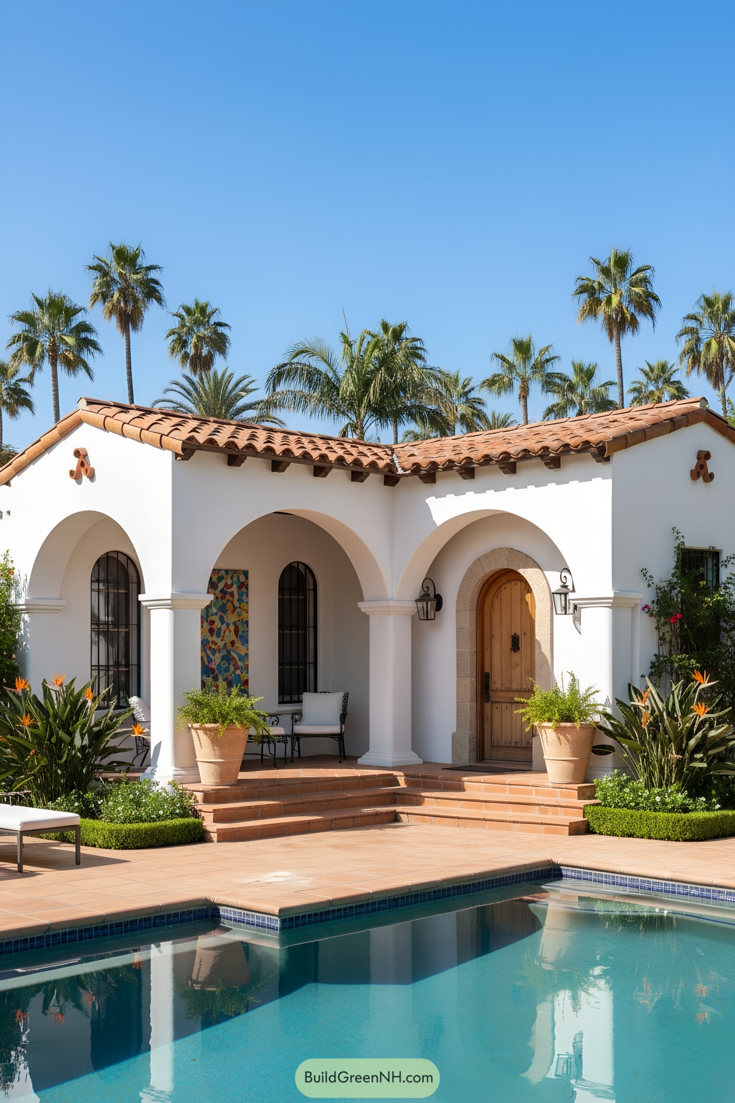 White stucco bungalow with terracotta roof, arched porch, and poolside terrace