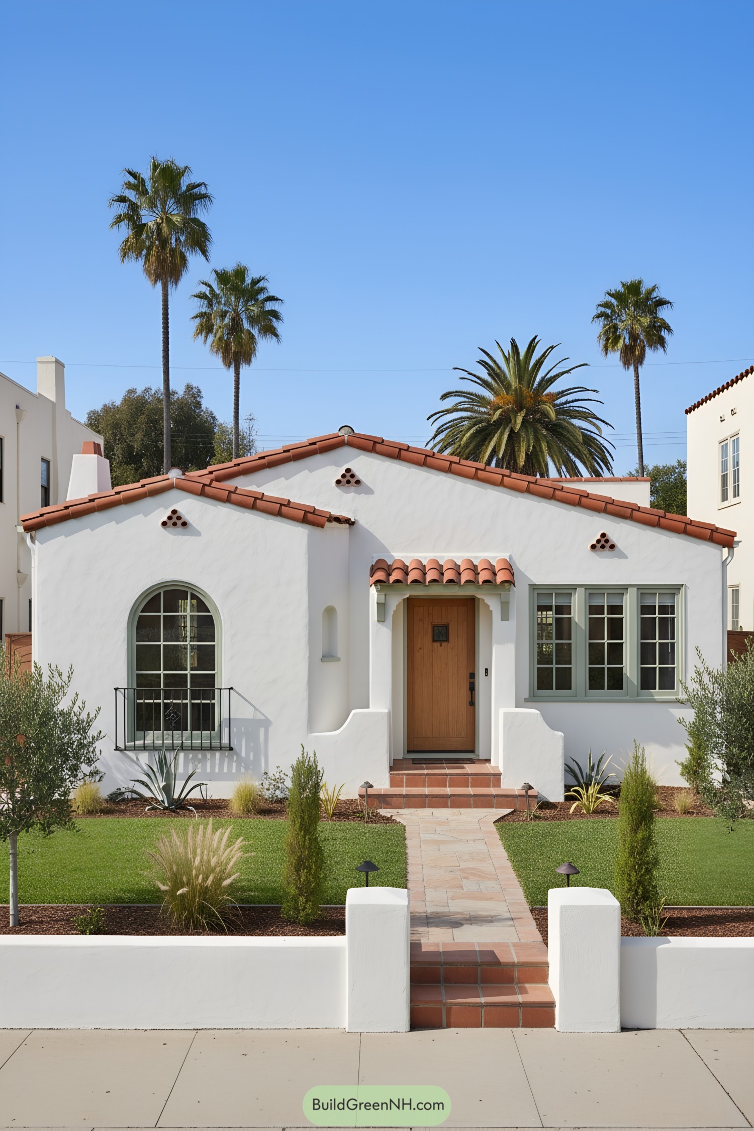 White stucco bungalow with terracotta roof and sage window trim