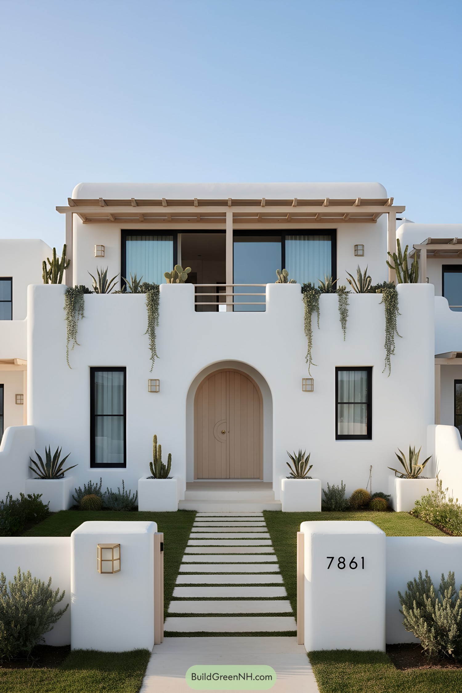 White stucco coastal house with arched door, balcony, pergola, and desert planting