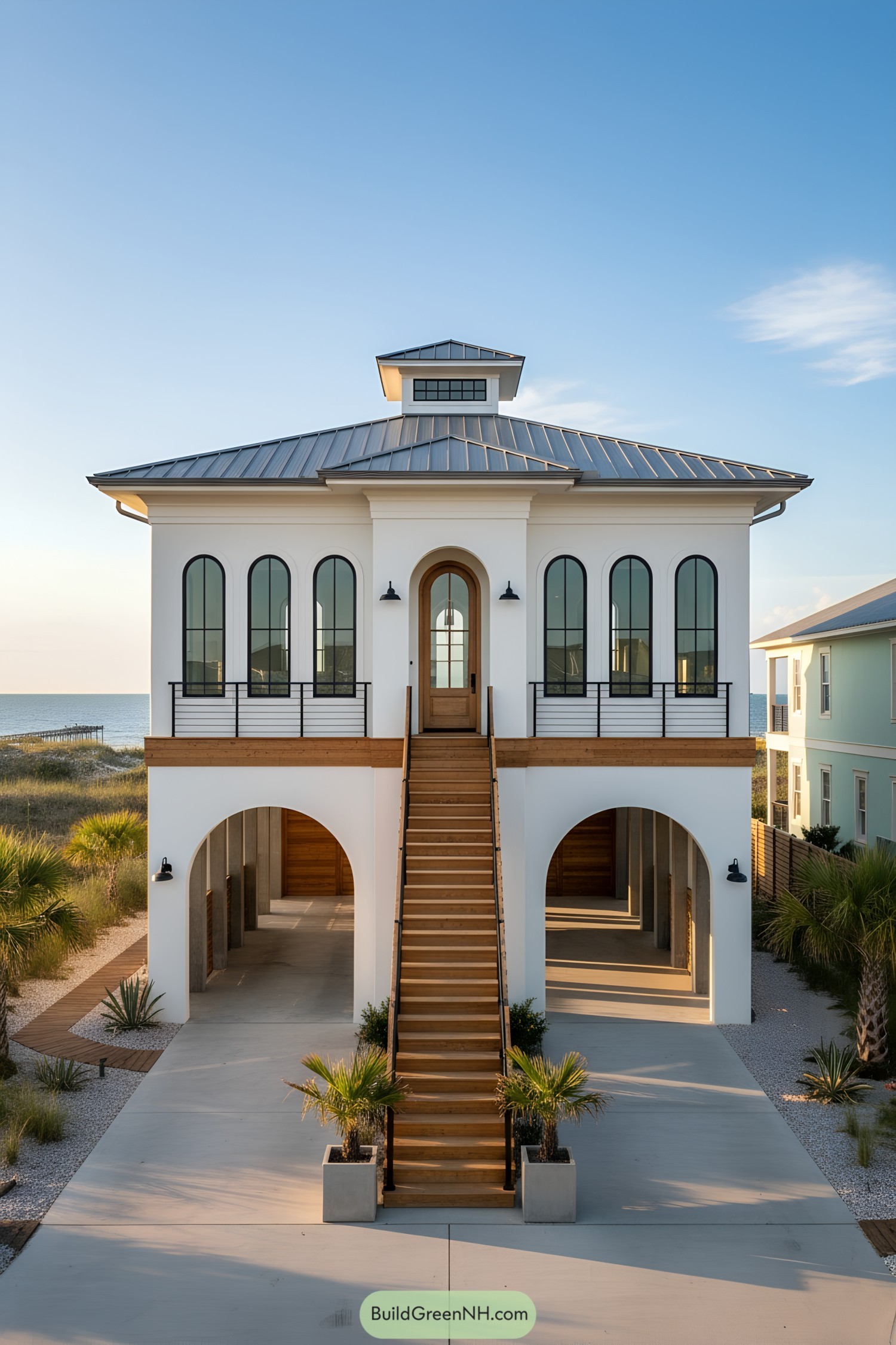 Elevated white villa with arched openings and metal roof