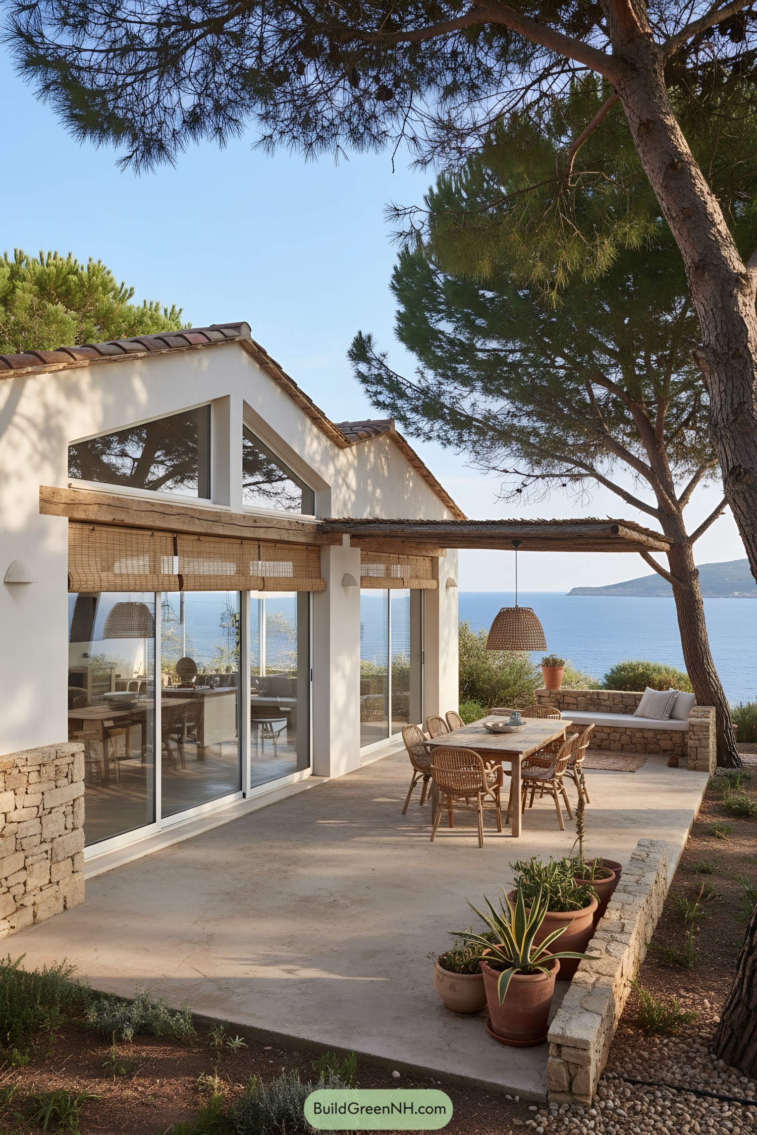 White stucco villa with wood accents and sea-view patio
