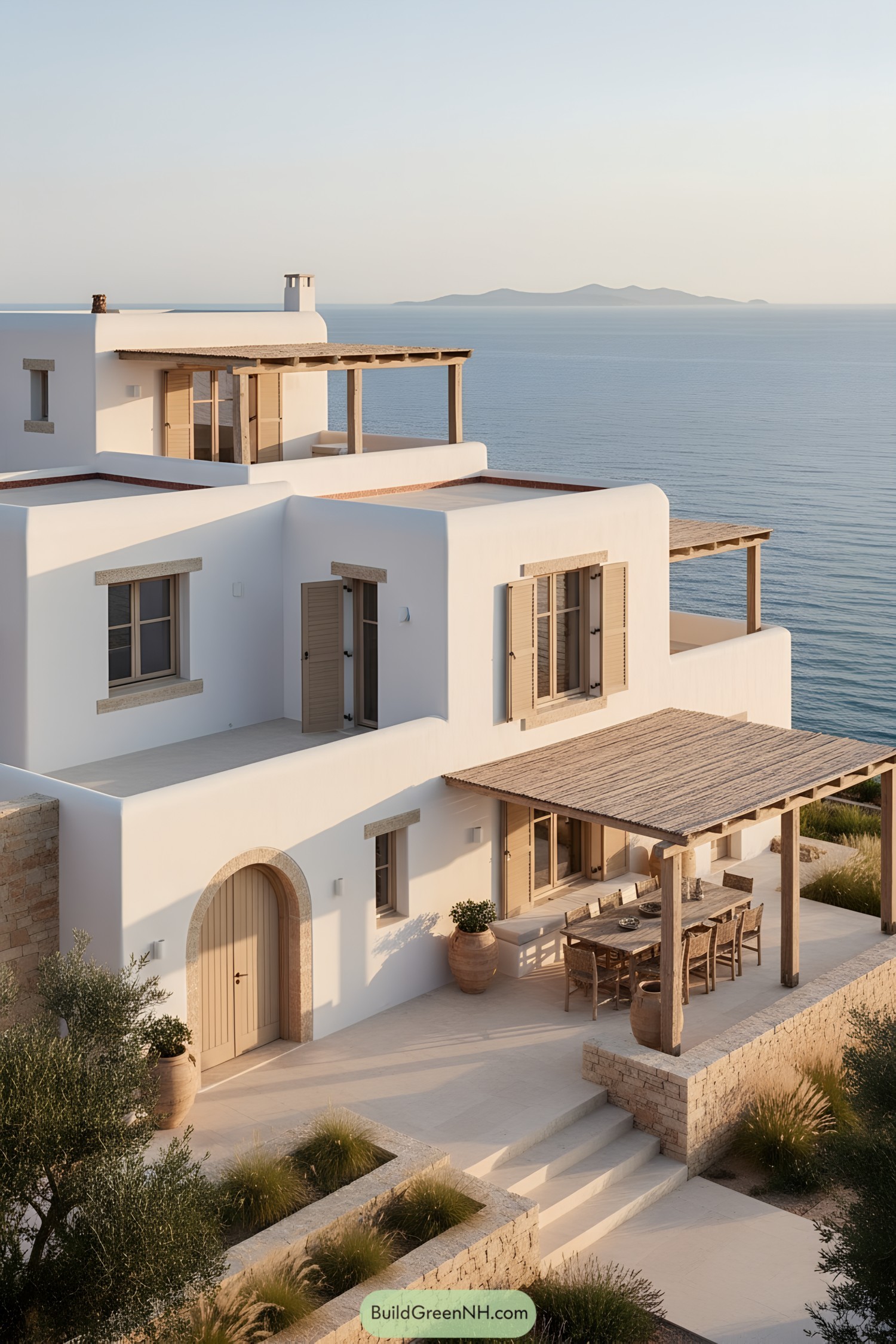 White stucco coastal home with wood pergolas and tan shutters overlooking calm sea