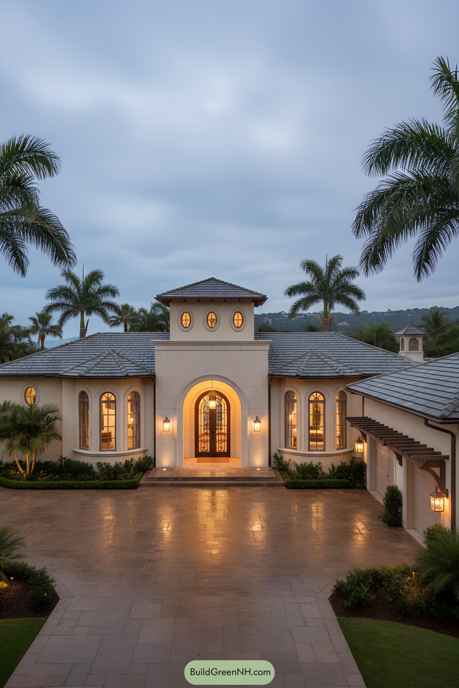Mediterranean villa with arched entry and tower