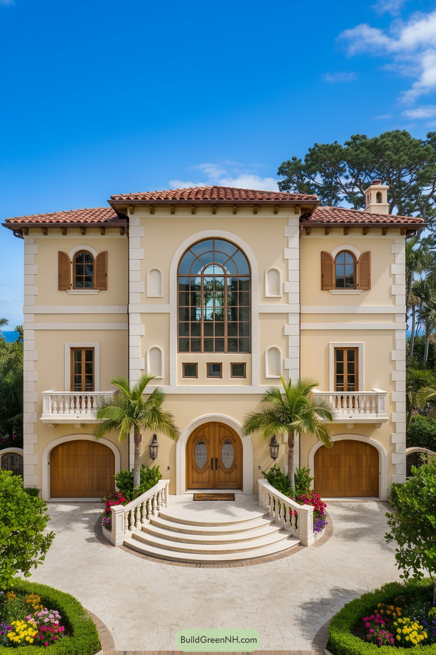 Mediterranean villa with arched windows, terracotta roof, and twin garages flanking a grand stair