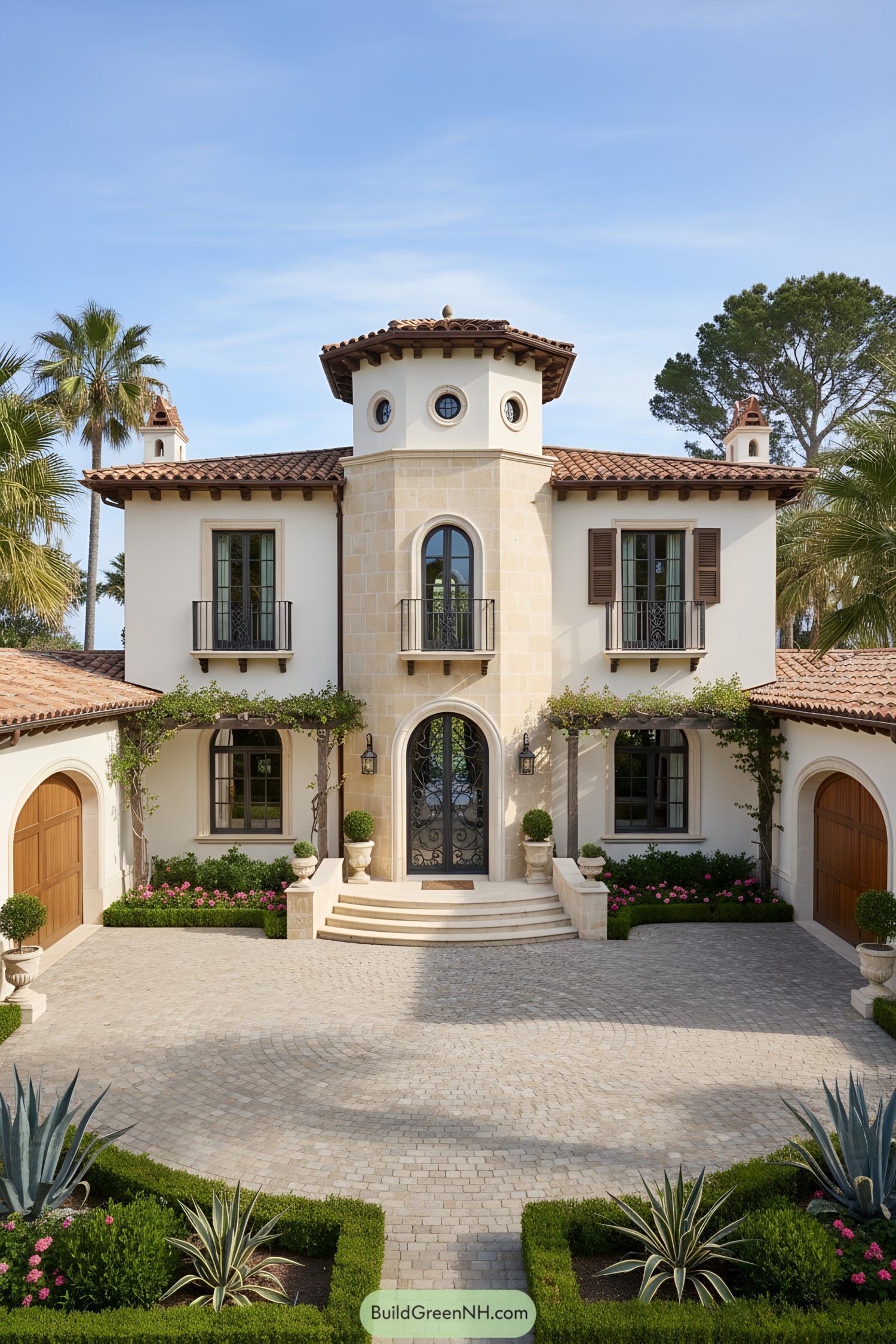Mediterranean villa with central turret, arches, and terracotta roof
