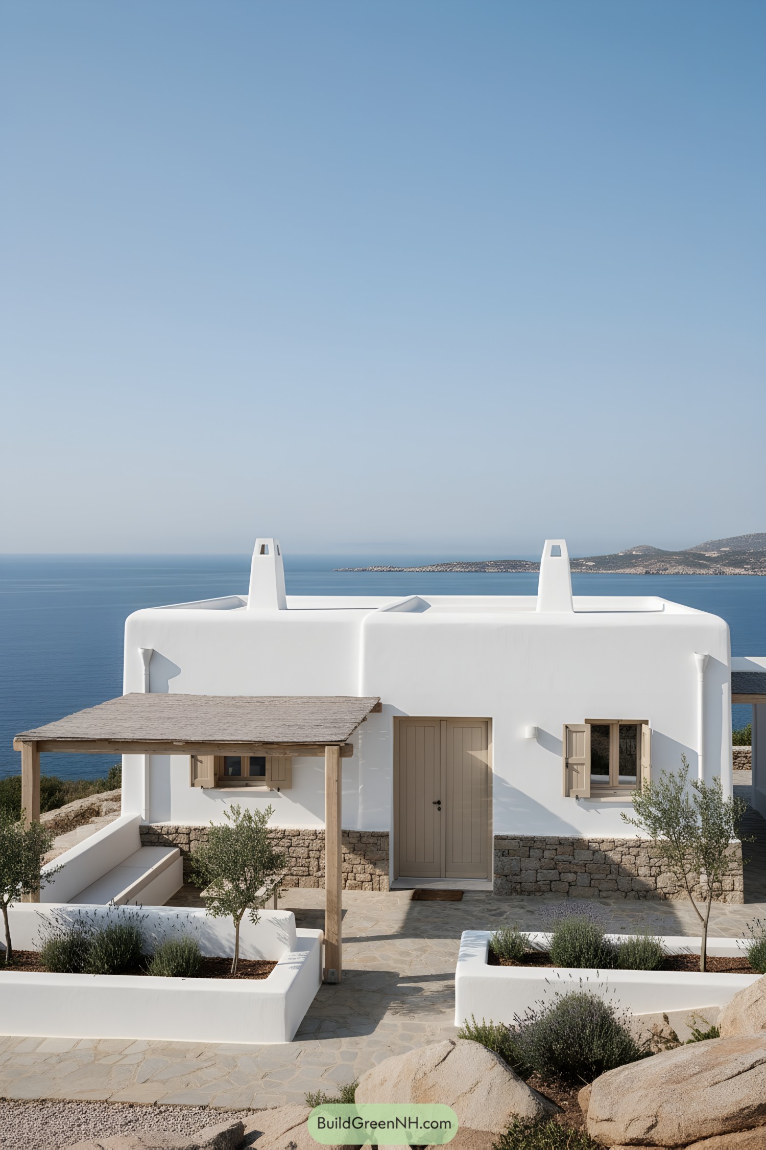 White cubic villa with pergola courtyard