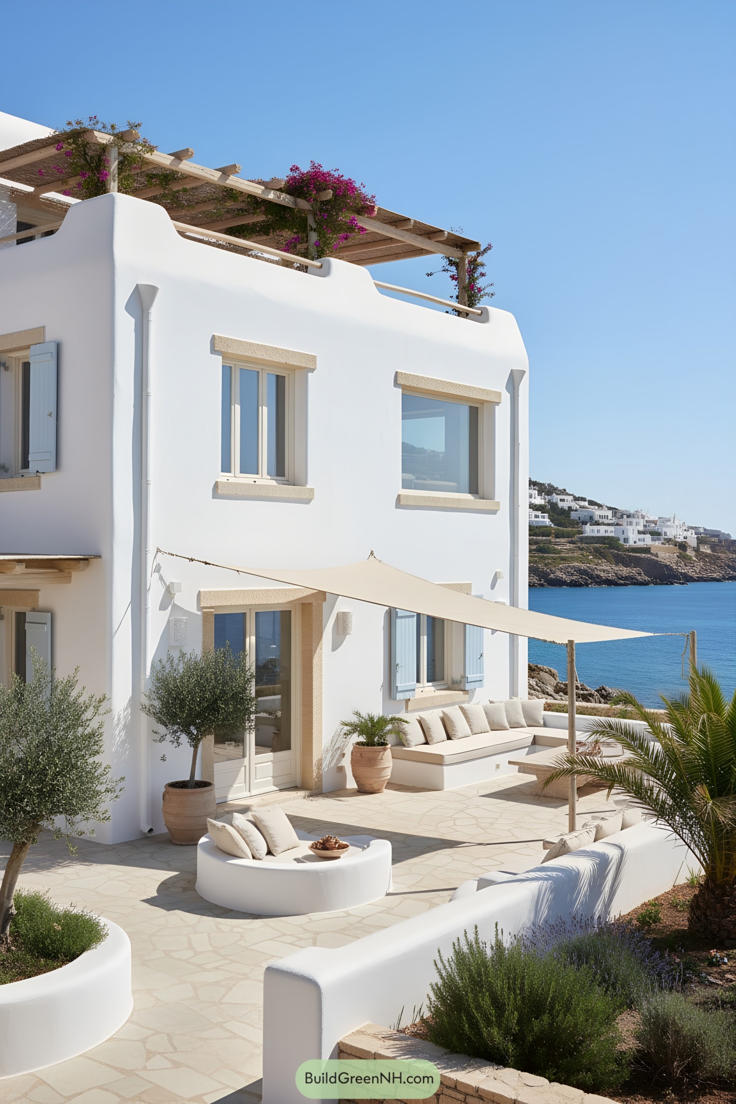 White stucco seaside house with pergola, blue shutters, and shaded terrace seating above rocky coast