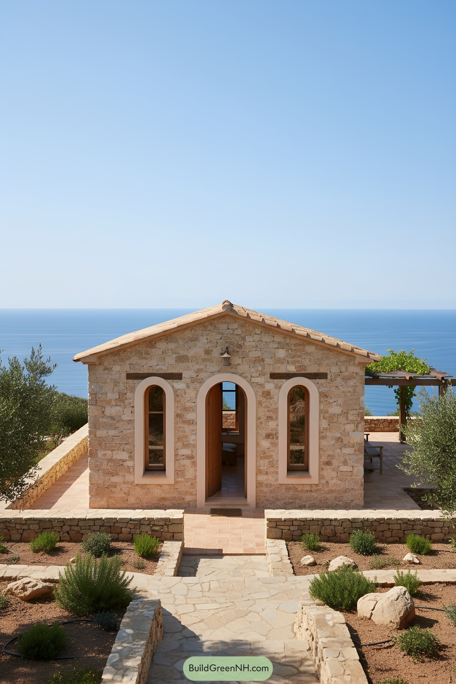 Small stone cottage with arched openings overlooking the sea