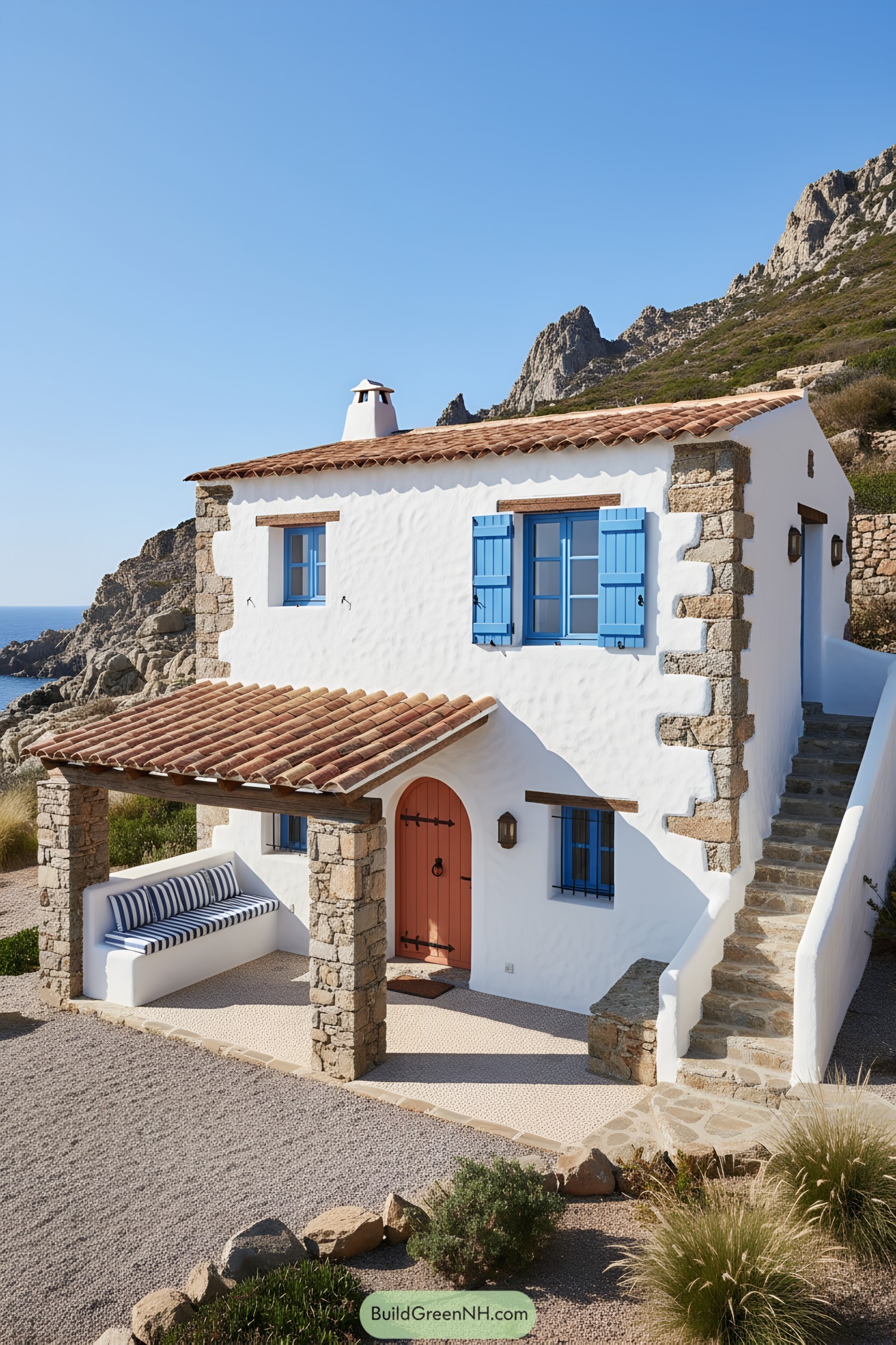 Whitewashed stone cottage with coral door and blue shutters by rocky seaside