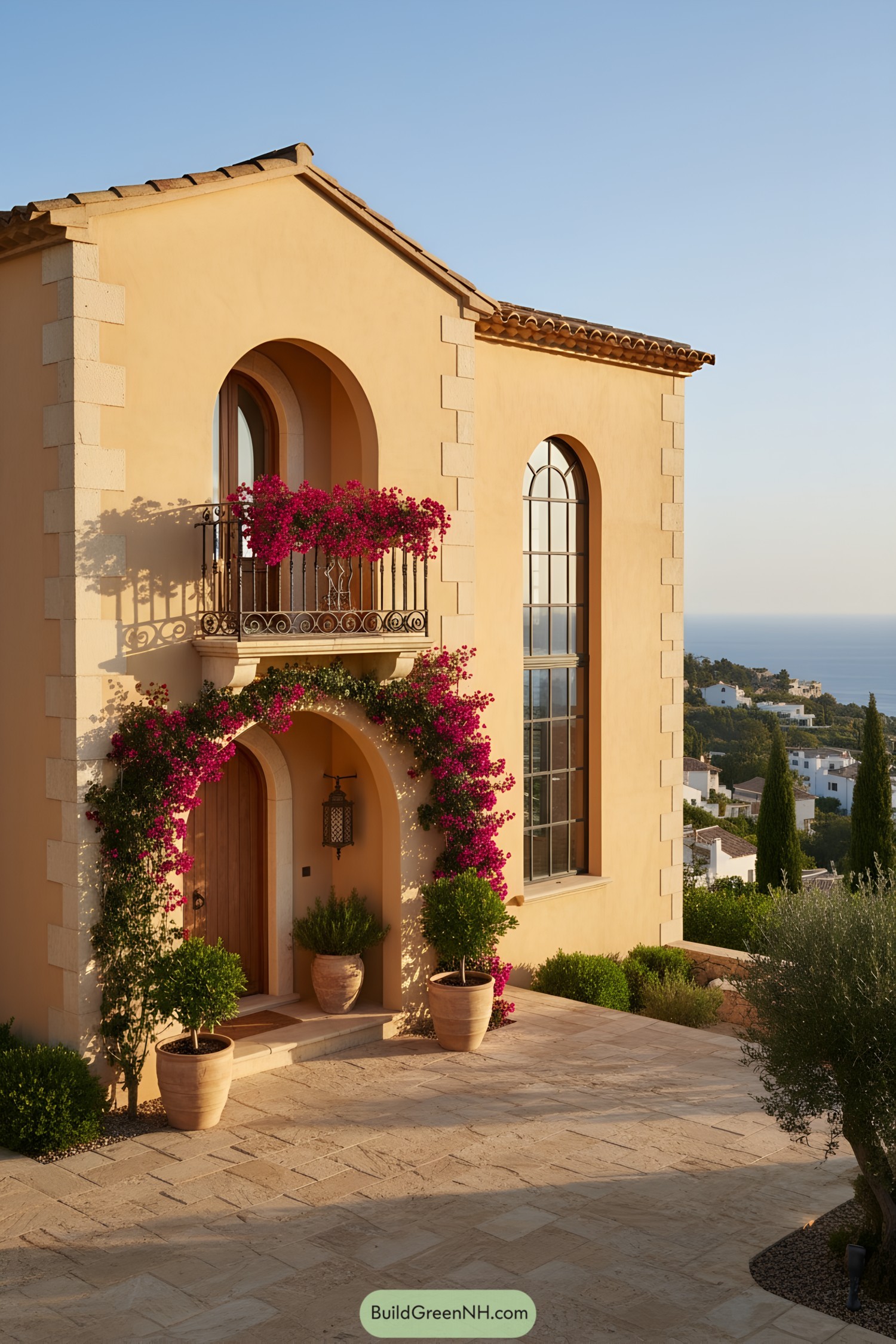 Mediterranean villa with arched windows and bougainvillea