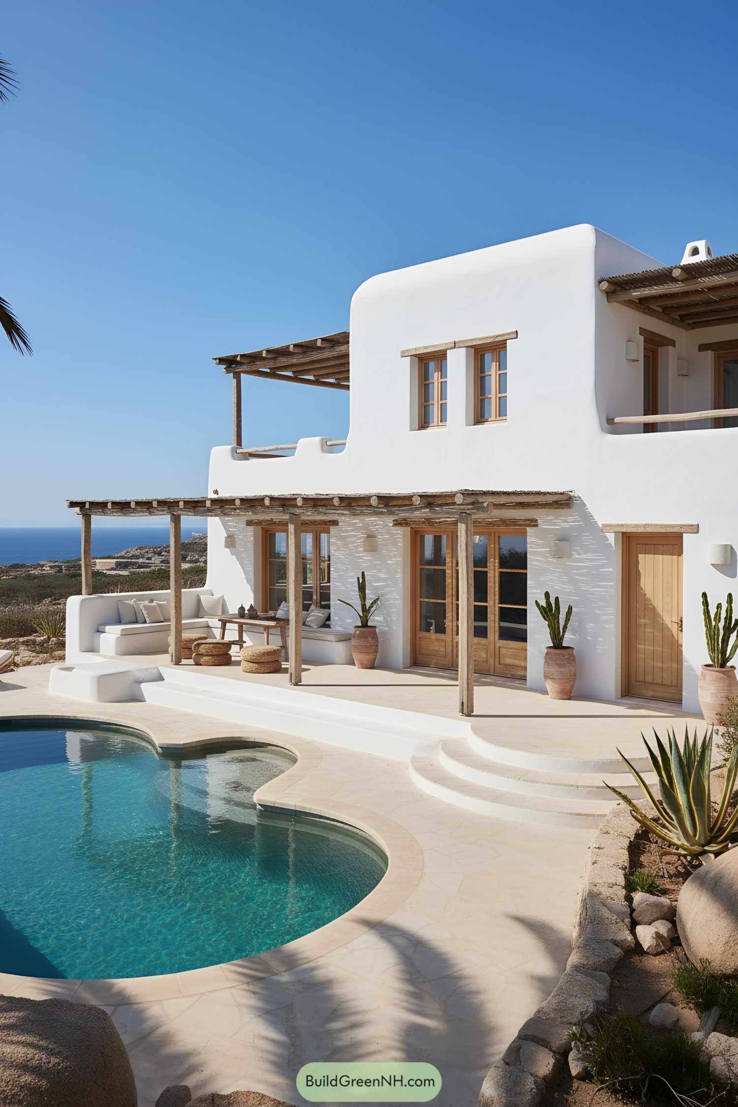 Whitewashed villa with wood pergolas and curving pool