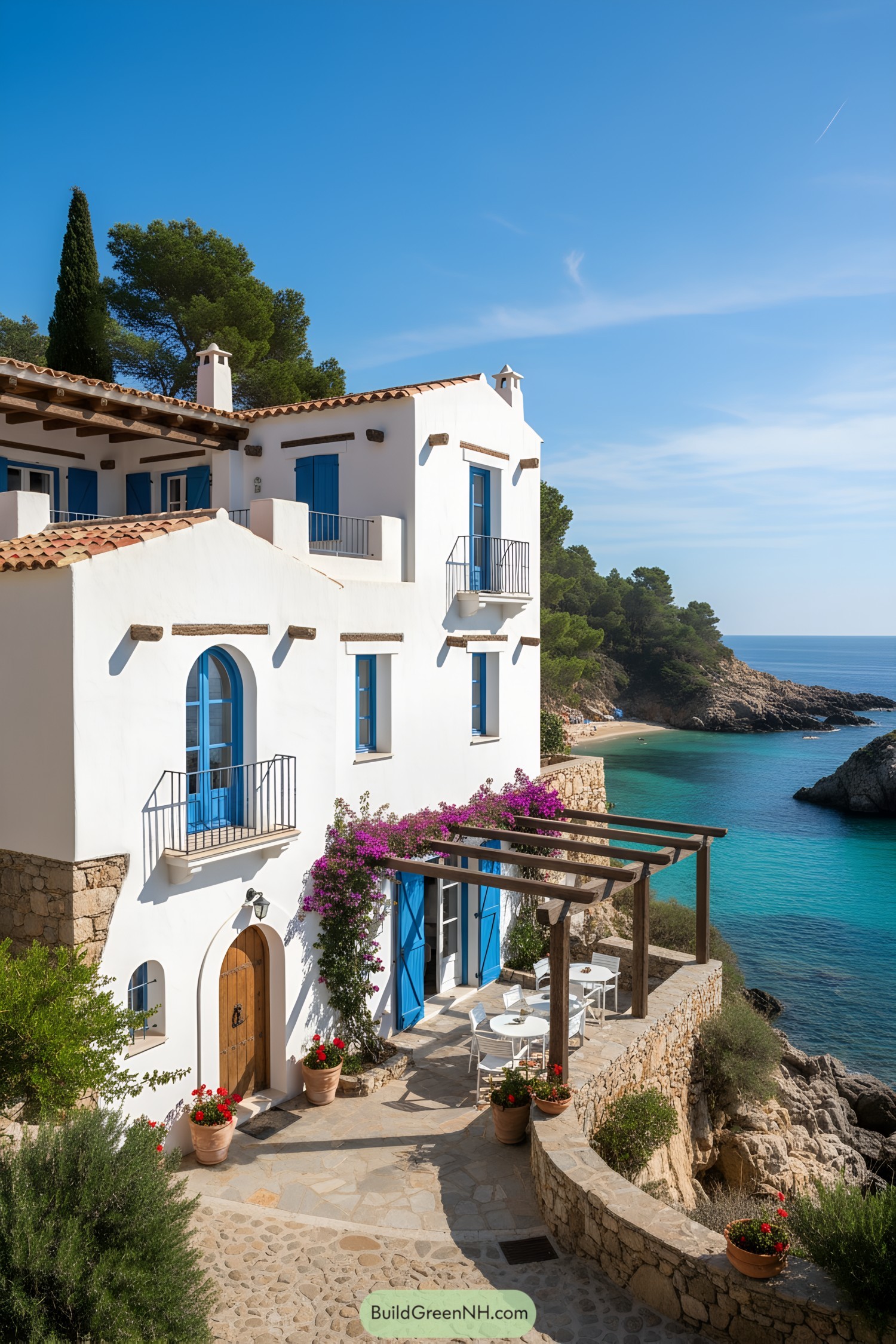 Whitewashed villa with blue shutters beside turquoise cove