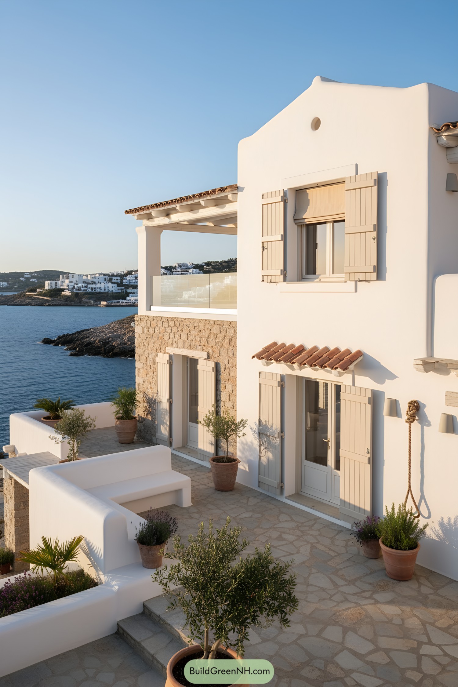 White stucco coastal house with stone base, beige shutters, and terracotta pots overlooking a calm sea