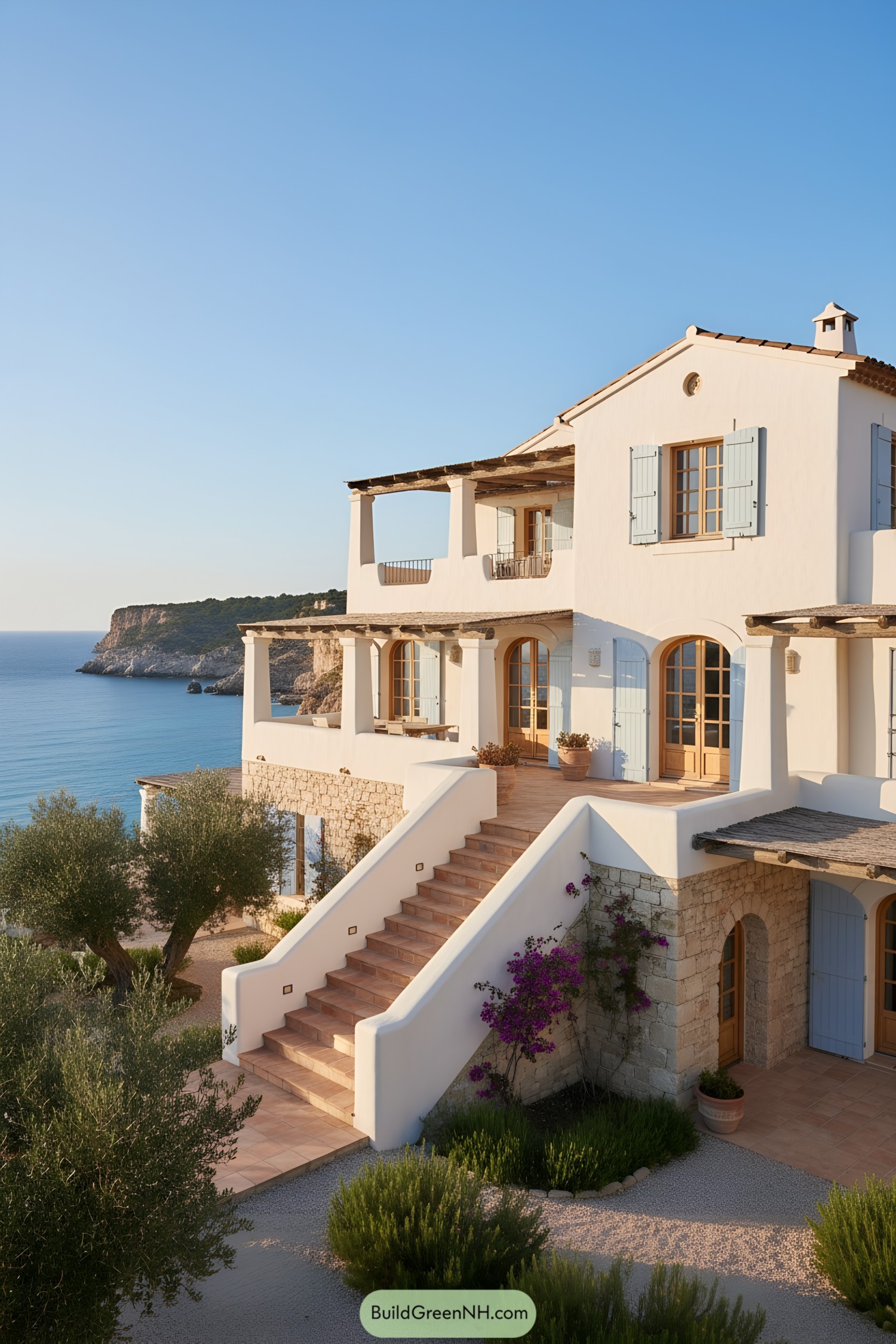 Whitewashed coastal villa with arches and blue shutters